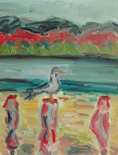 Contemporary impressionist art brut oil painting of sea and  birds on canvas