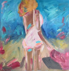 Grand portrait expressionniste acrylique sur toile de lin - « Femme blonde sur la plage »