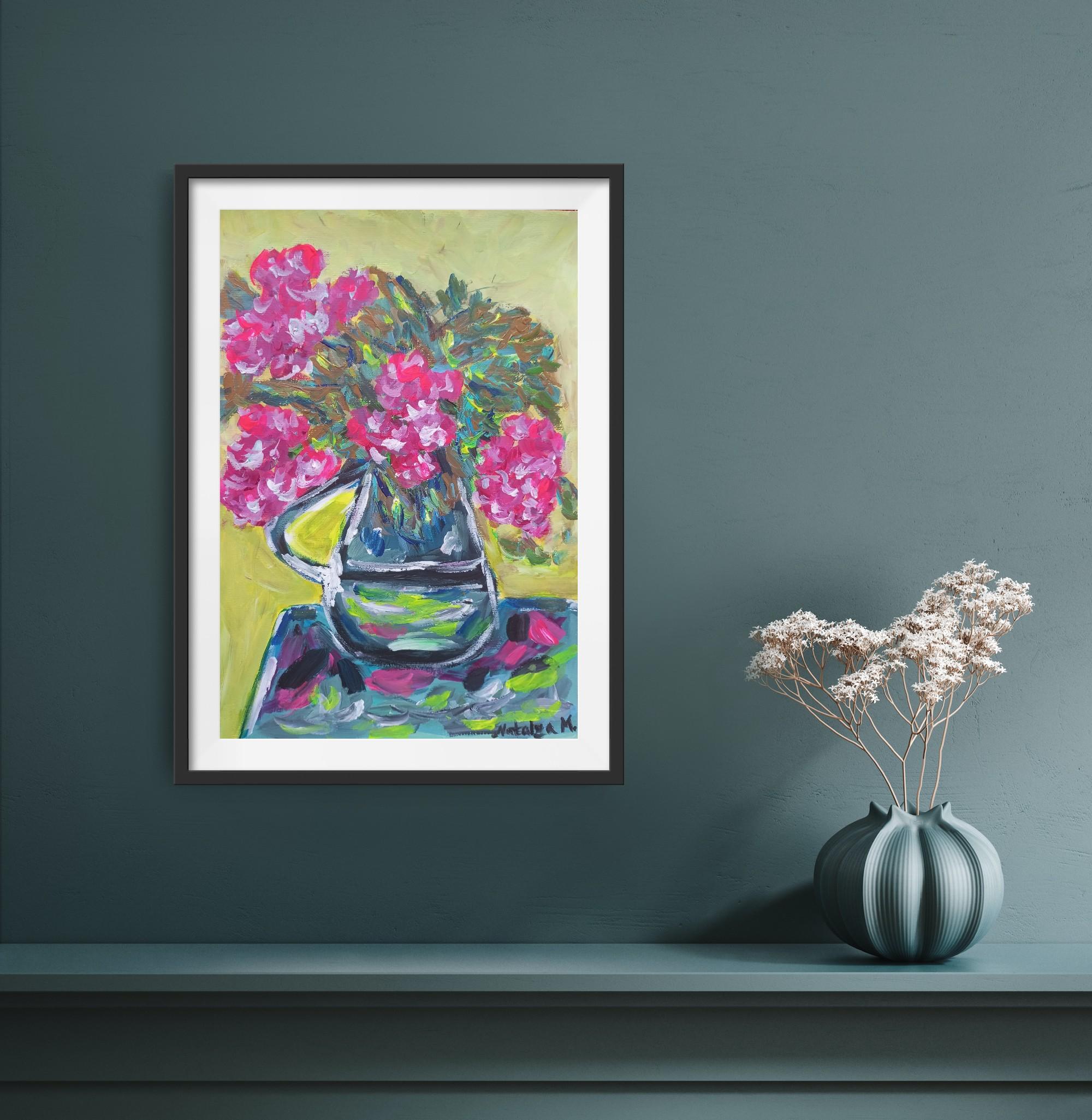 Ccontemporanea arte floreale impressionista in acrilico su carta ispirata a Van Gogh - Painting di Natalya Mougenot 