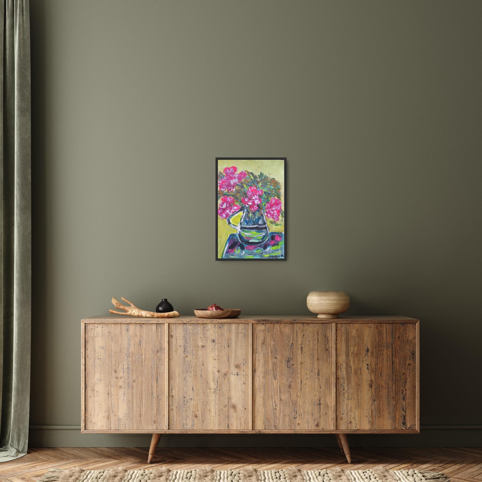 Ccontemporanea arte floreale impressionista in acrilico su carta ispirata a Van Gogh - Figurative Painting Marrone di Natalya Mougenot 