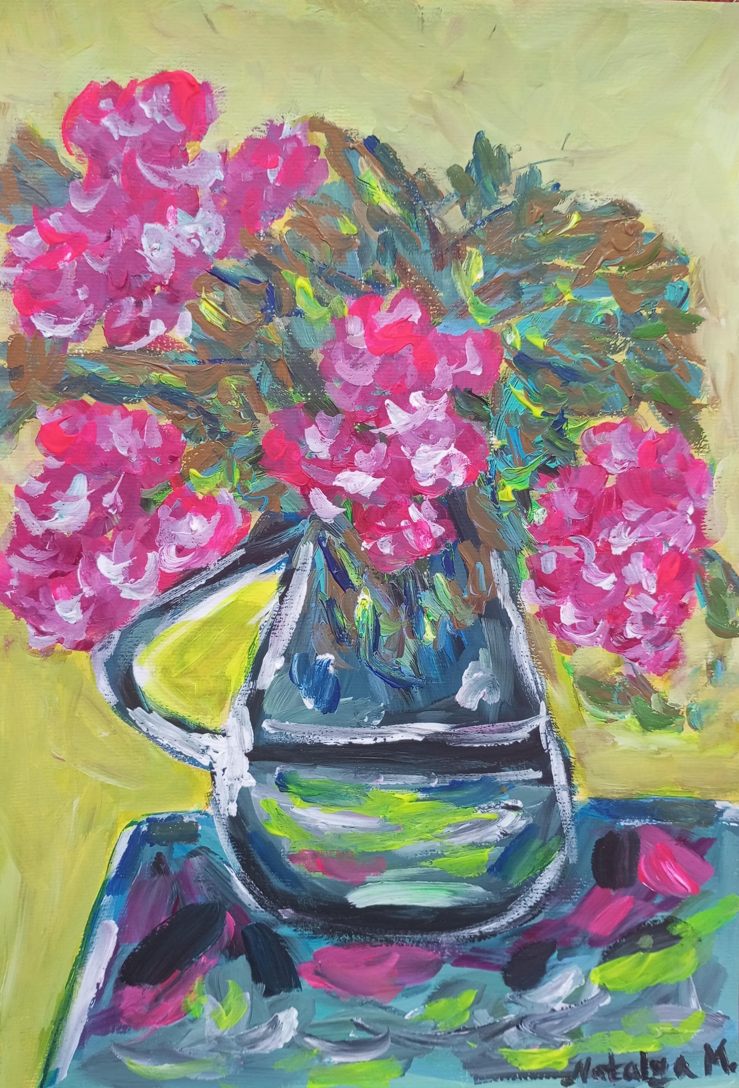 Ccontemporanea arte floreale impressionista in acrilico su carta ispirata a Van Gogh