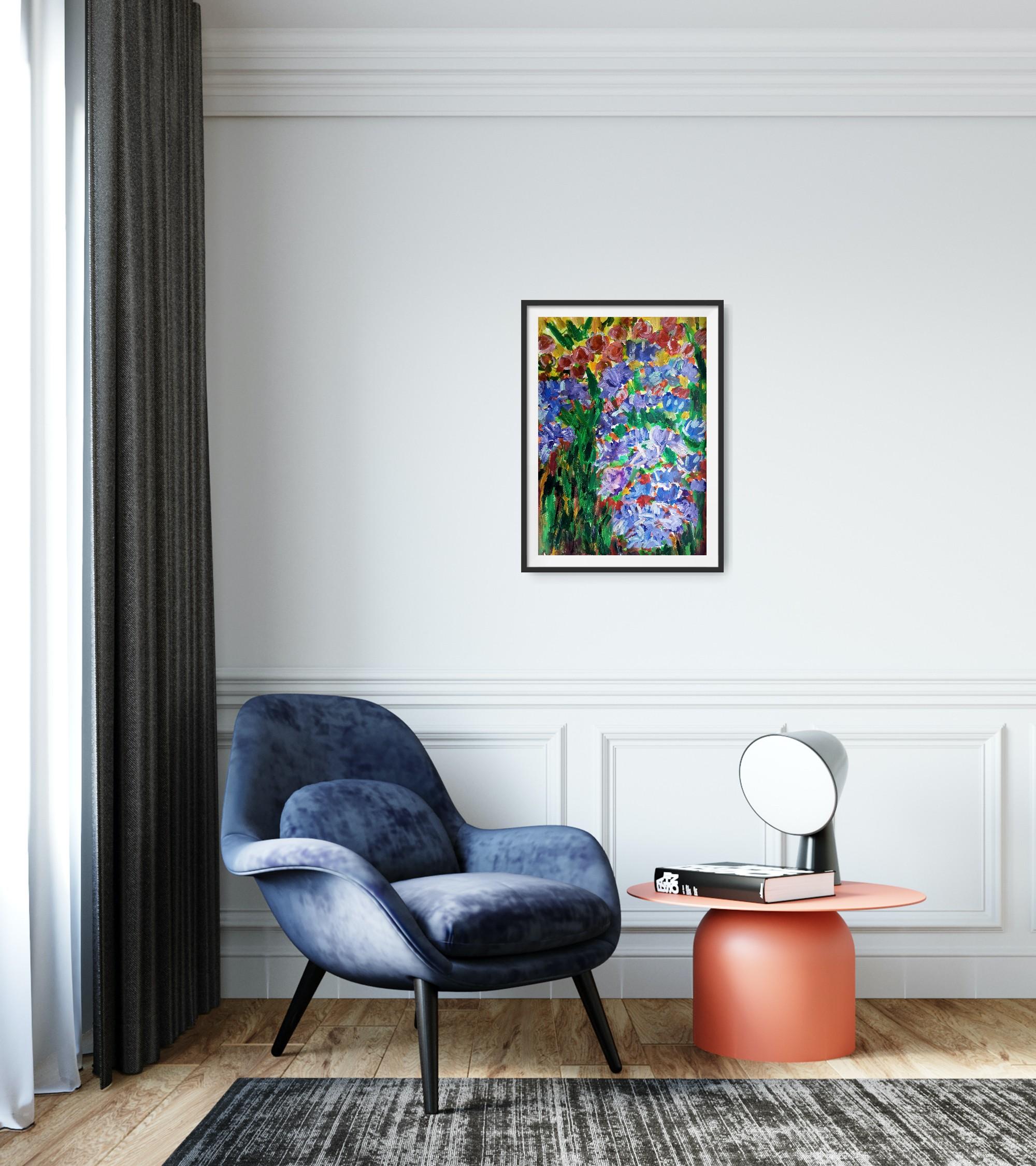 Pintura floral impresionista contemporánea sobre papel 