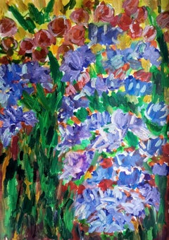 Contemporary impressionist floral paintng on paper "Blooming purple irises"