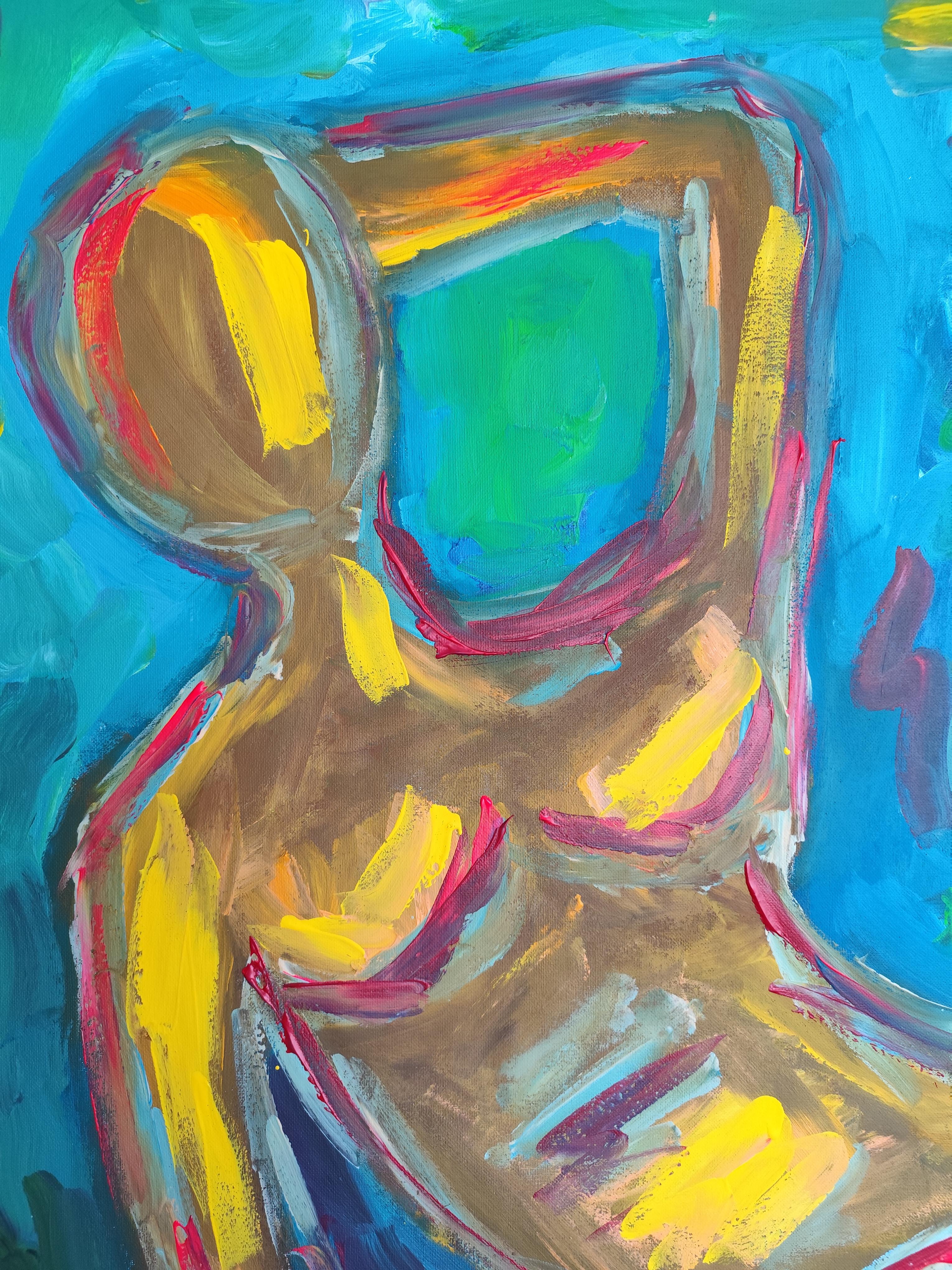 Mujer expresiva contemporánea sin rostro pintura acrílica sobre lienzo de lino en venta 5