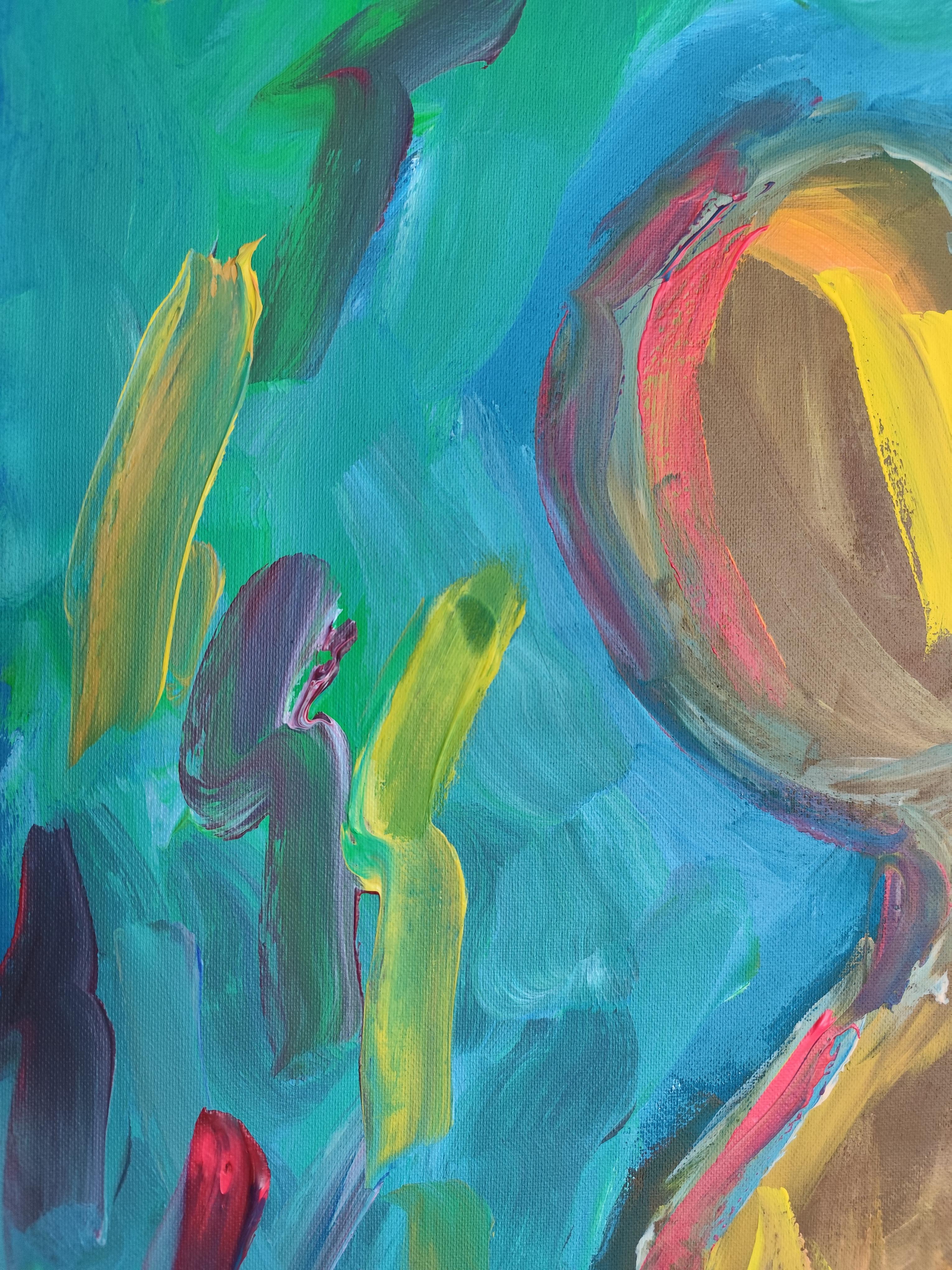 Mujer expresiva contemporánea sin rostro pintura acrílica sobre lienzo de lino en venta 9