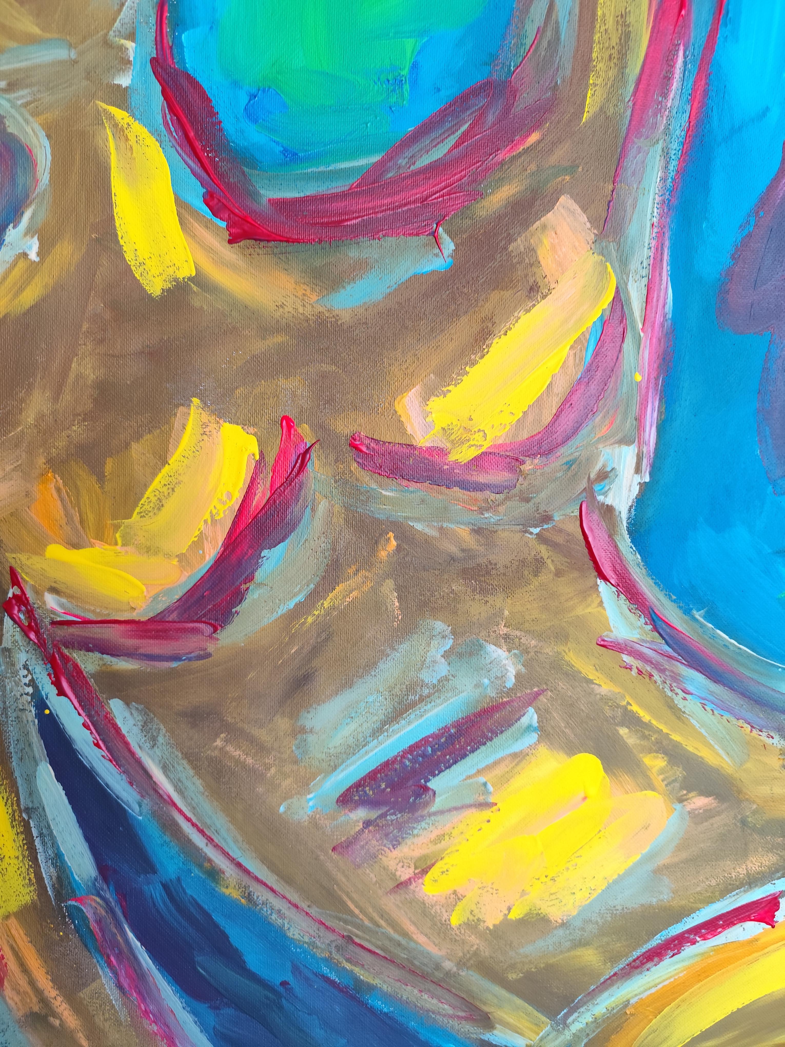 Mujer expresiva contemporánea sin rostro pintura acrílica sobre lienzo de lino en venta 13