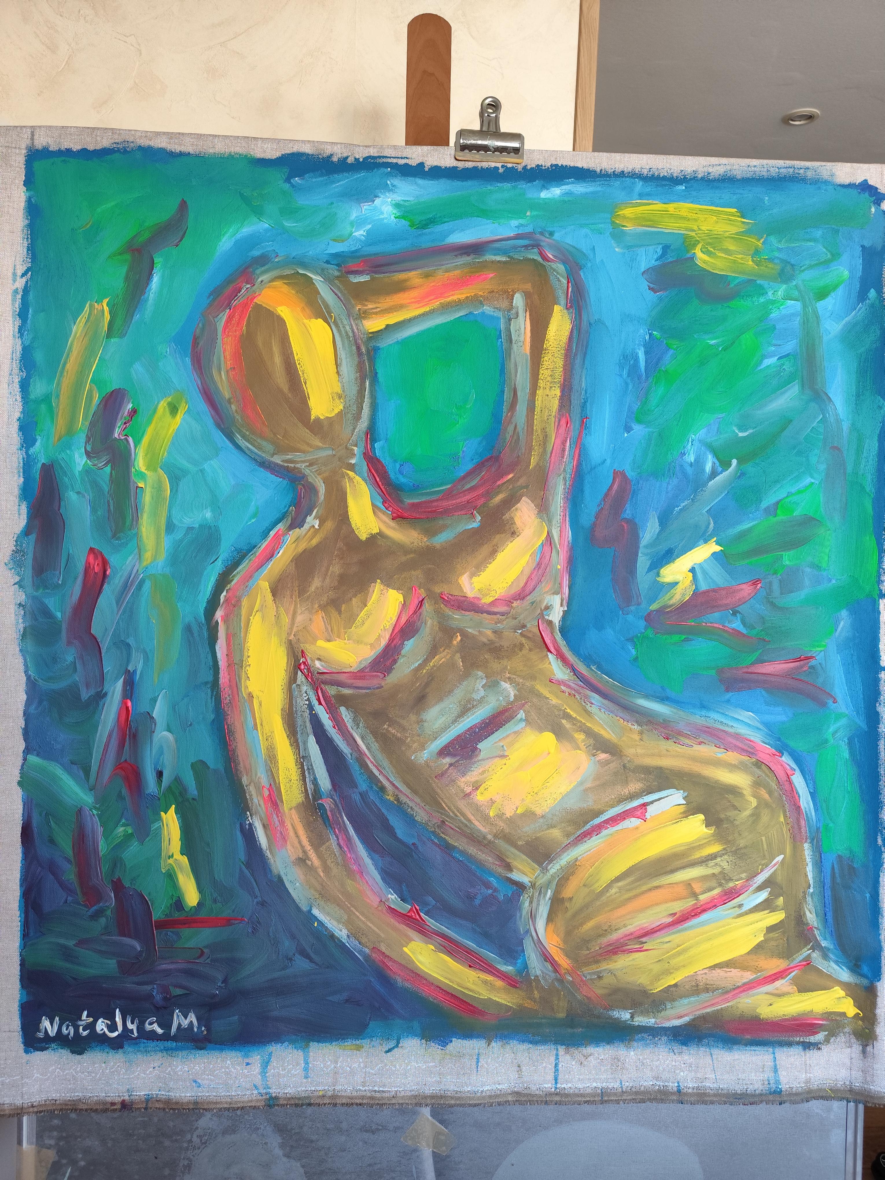 Mujer expresiva contemporánea sin rostro pintura acrílica sobre lienzo de lino en venta 15