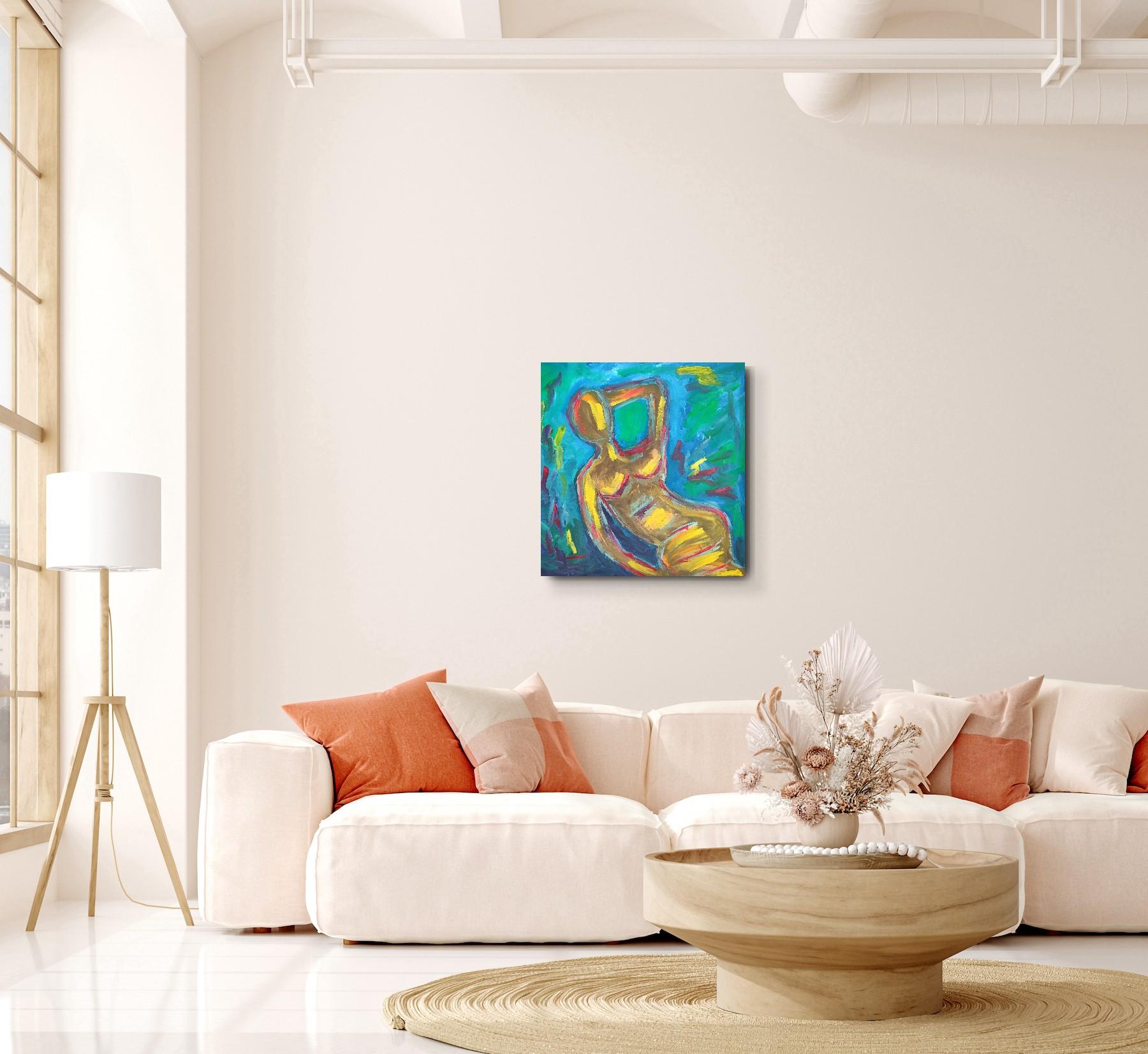 Mujer expresiva contemporánea sin rostro pintura acrílica sobre lienzo de lino en venta 2