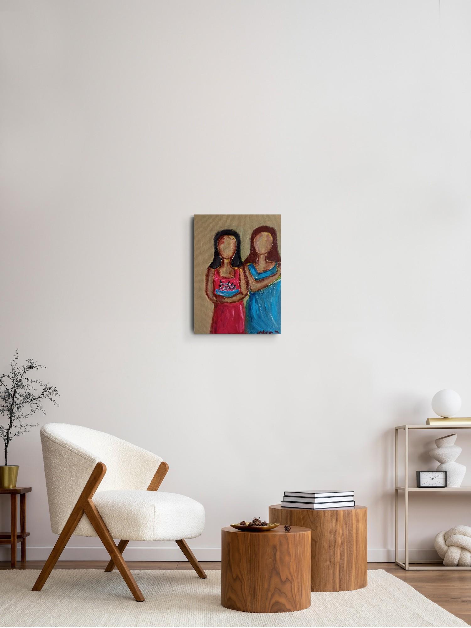 Cette peinture figurative contemporaine avec une touche moderne d'expressionnisme et d'art brut représente une scène de deux femmes, l'une d'elles portant une robe rouge tient une coupe de fruits. Cette œuvre témoigne de mes racines et de mon