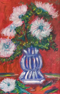 Floral acrylic painting paper "Bouquet of white gerbera daisies in a blue vase"