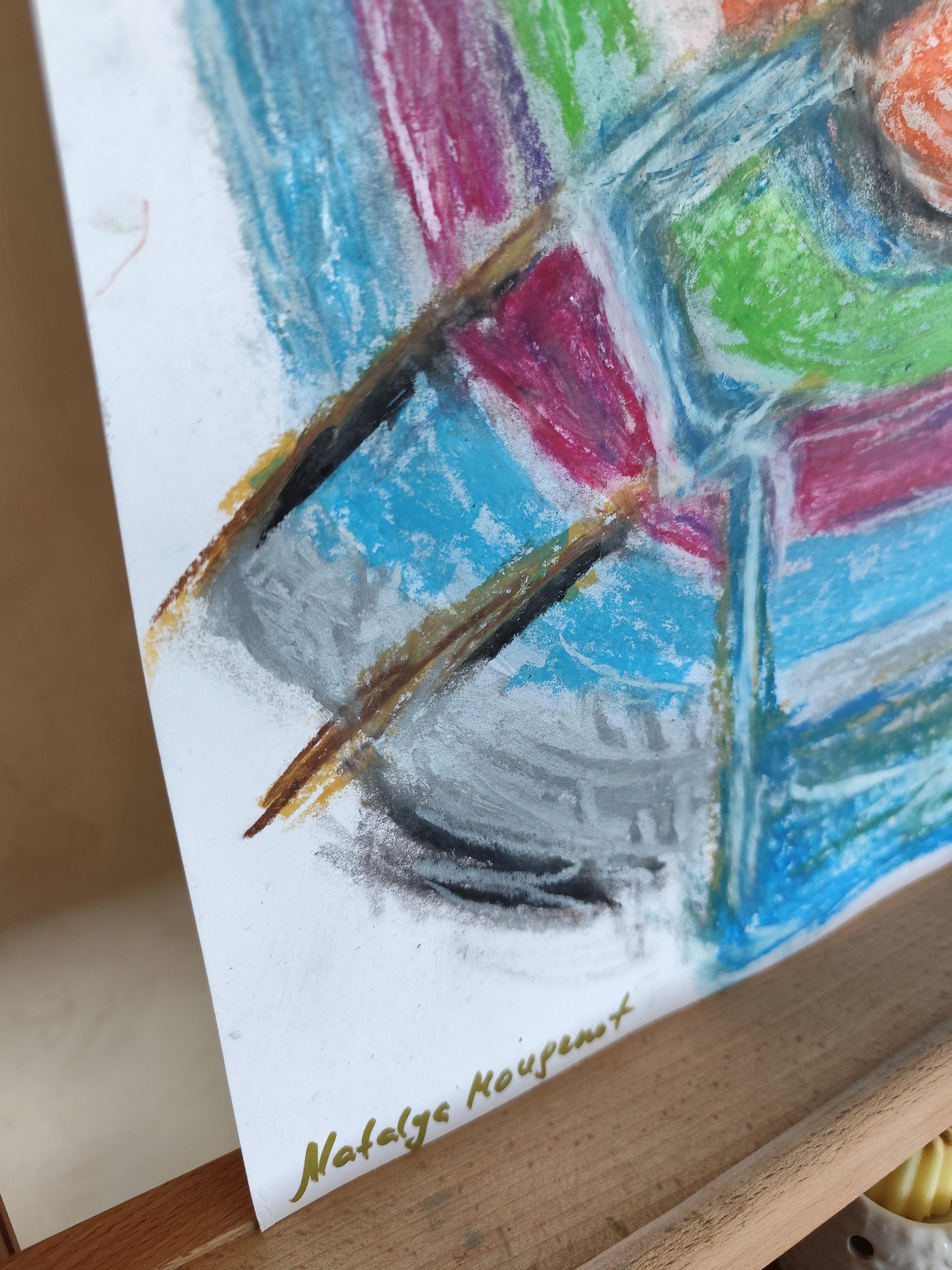 Pittura pop art naif a pastello su carta 