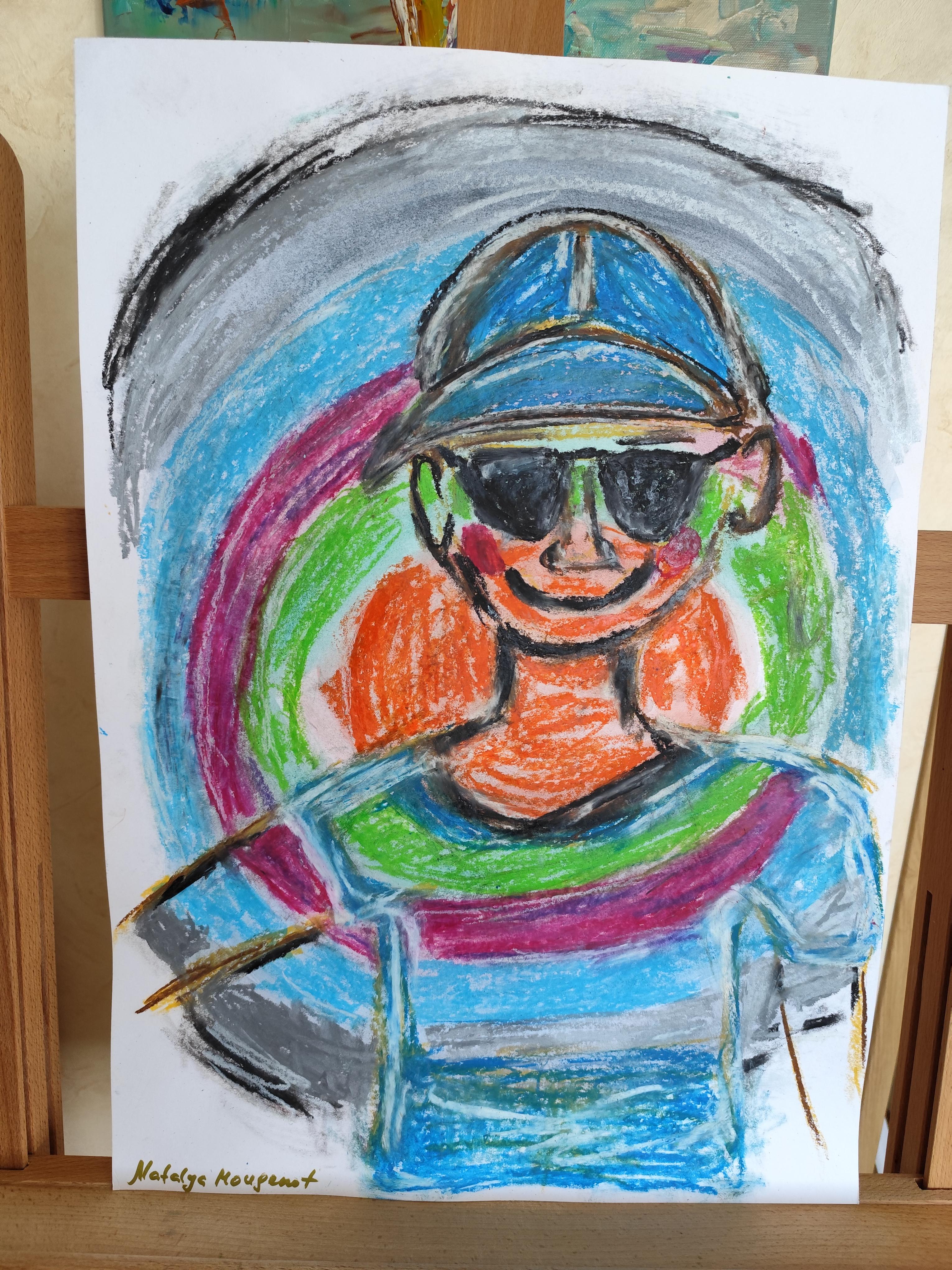 Pittura pop art naif a pastello su carta 