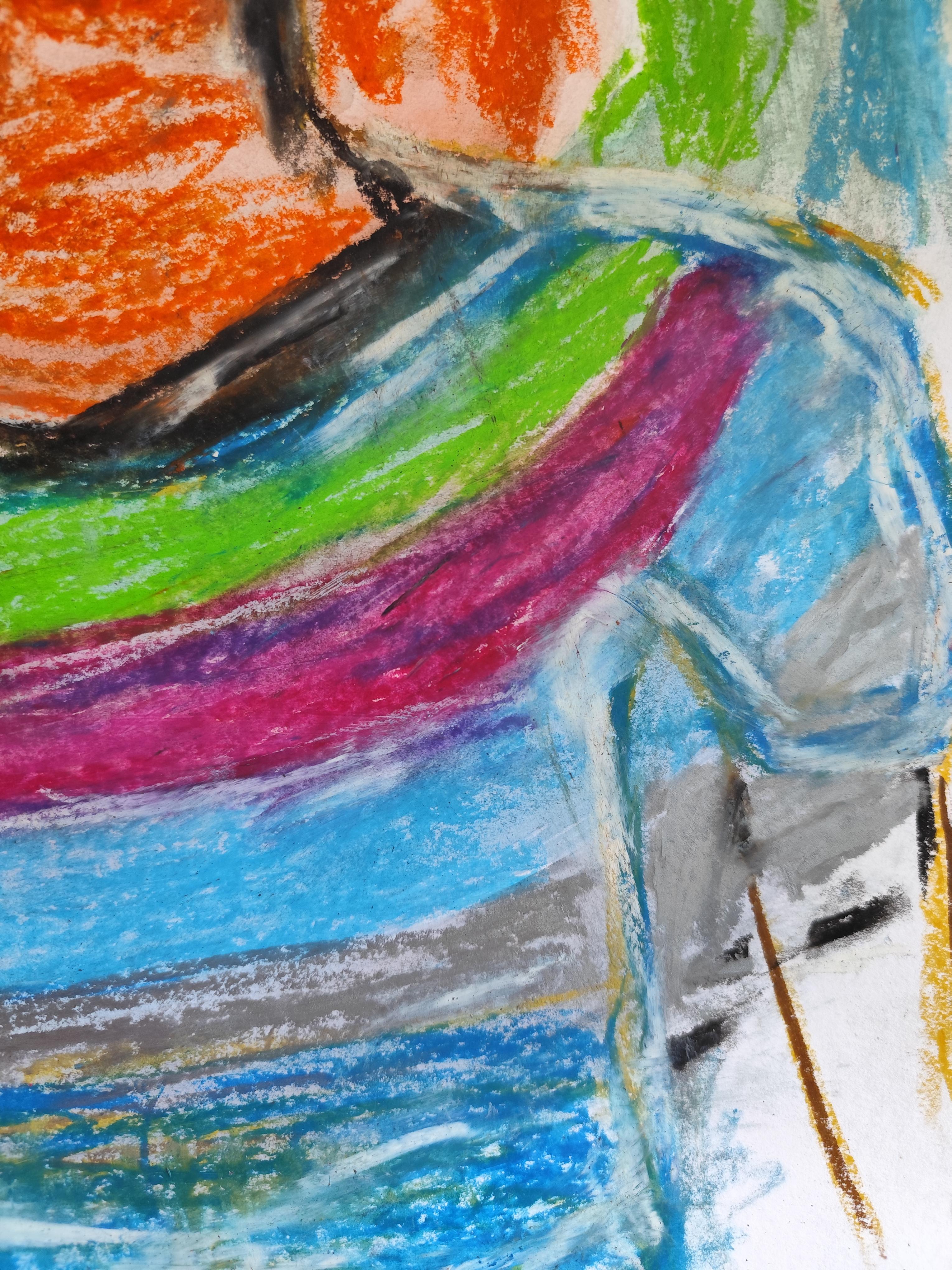 Pittura pop art naif a pastello su carta 