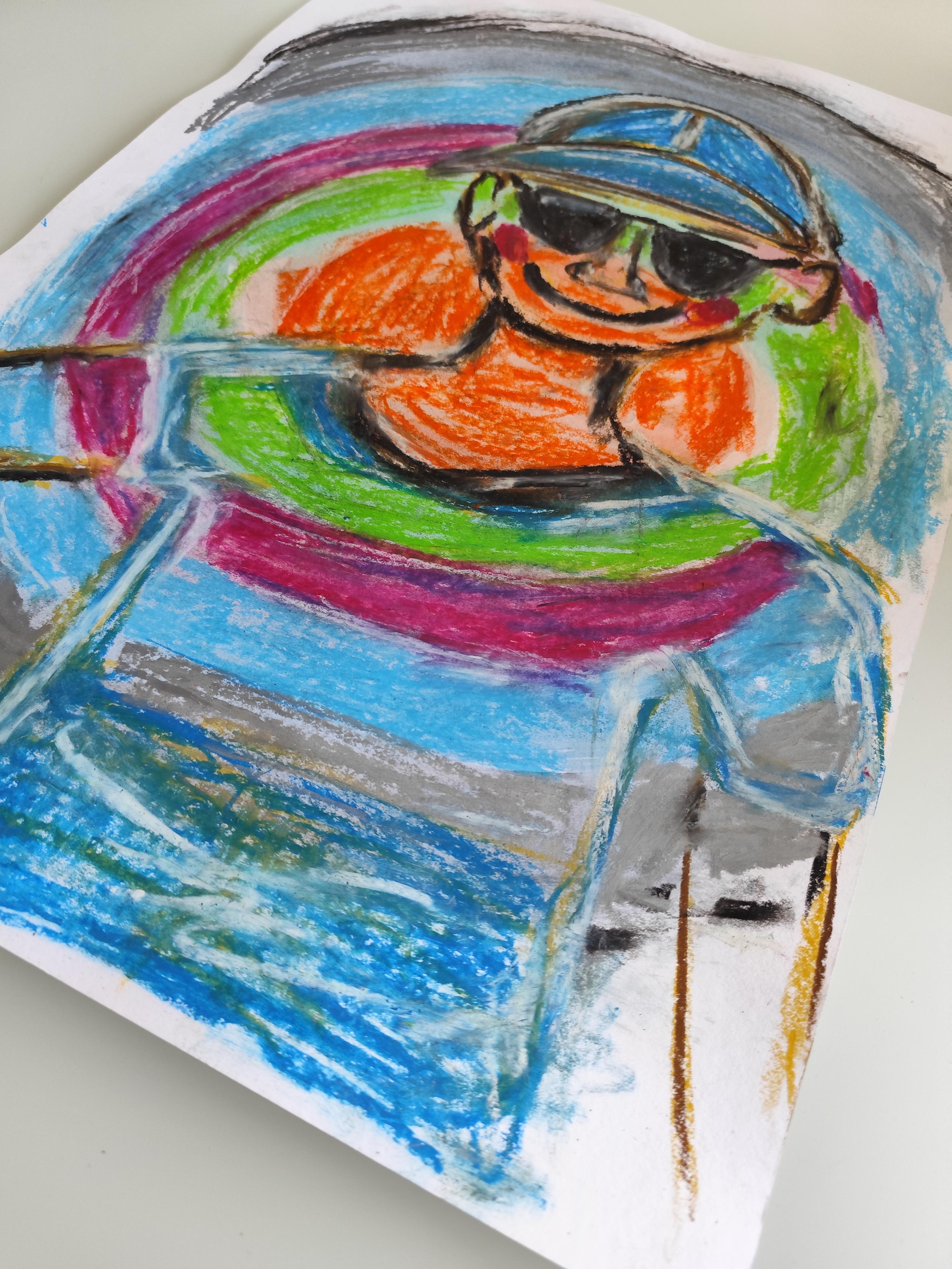 Pittura pop art naif a pastello su carta 