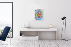 Pop art naive pastel painting on paper "Boy in the blue cap with sunglasses"