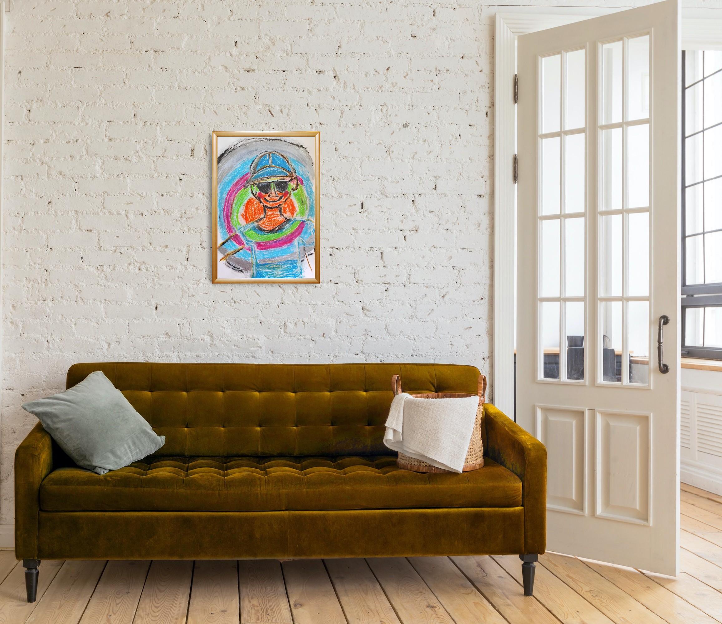 Pittura pop art naif a pastello su carta 