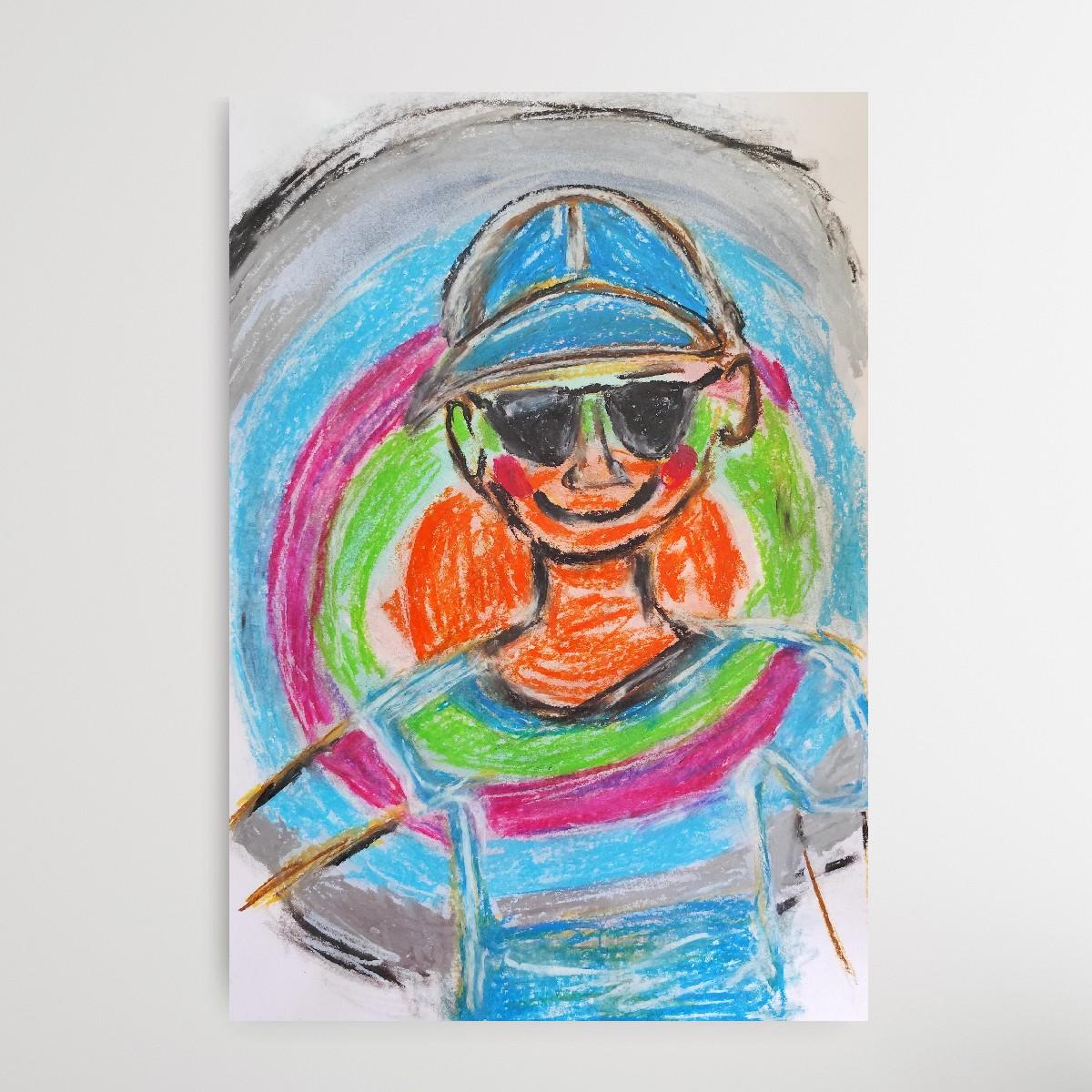 Pittura pop art naif a pastello su carta 