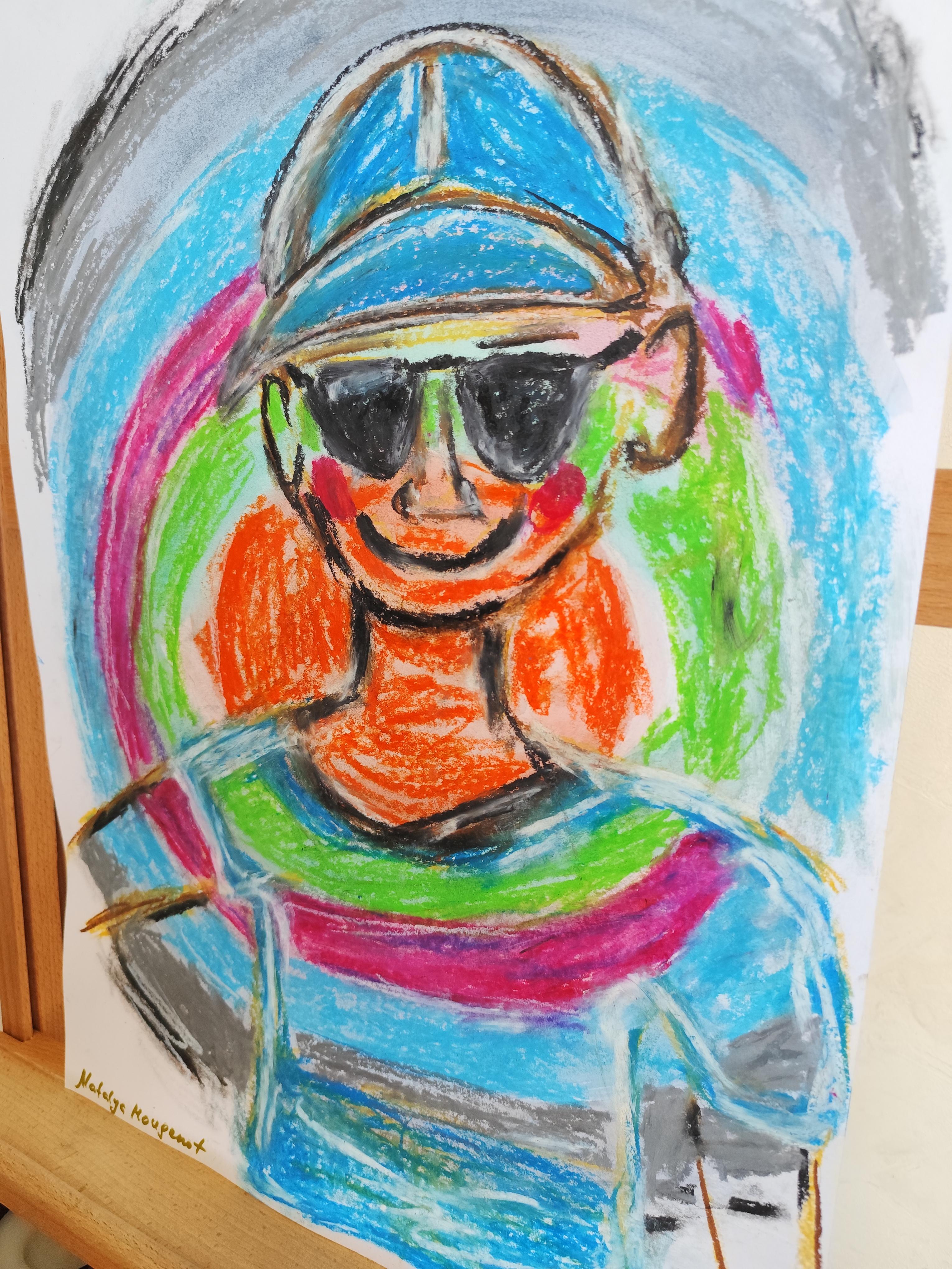 Pittura pop art naif a pastello su carta 