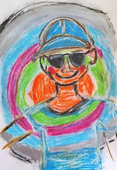 Pittura pop art naif a pastello su carta "Ragazzo con berretto blu e occhiali da sole".