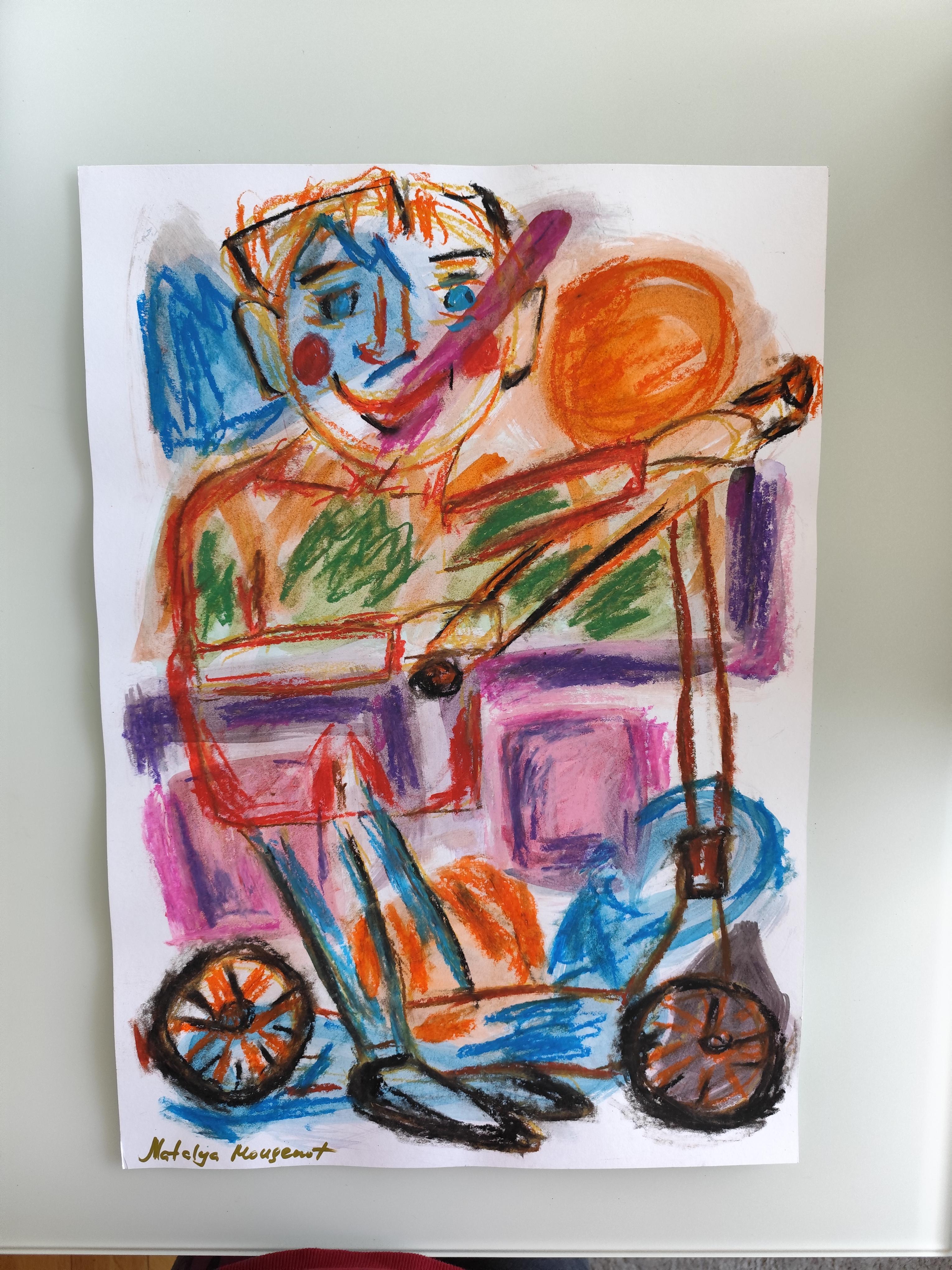 Espressiva pittura pop art naif a pastello su carta  