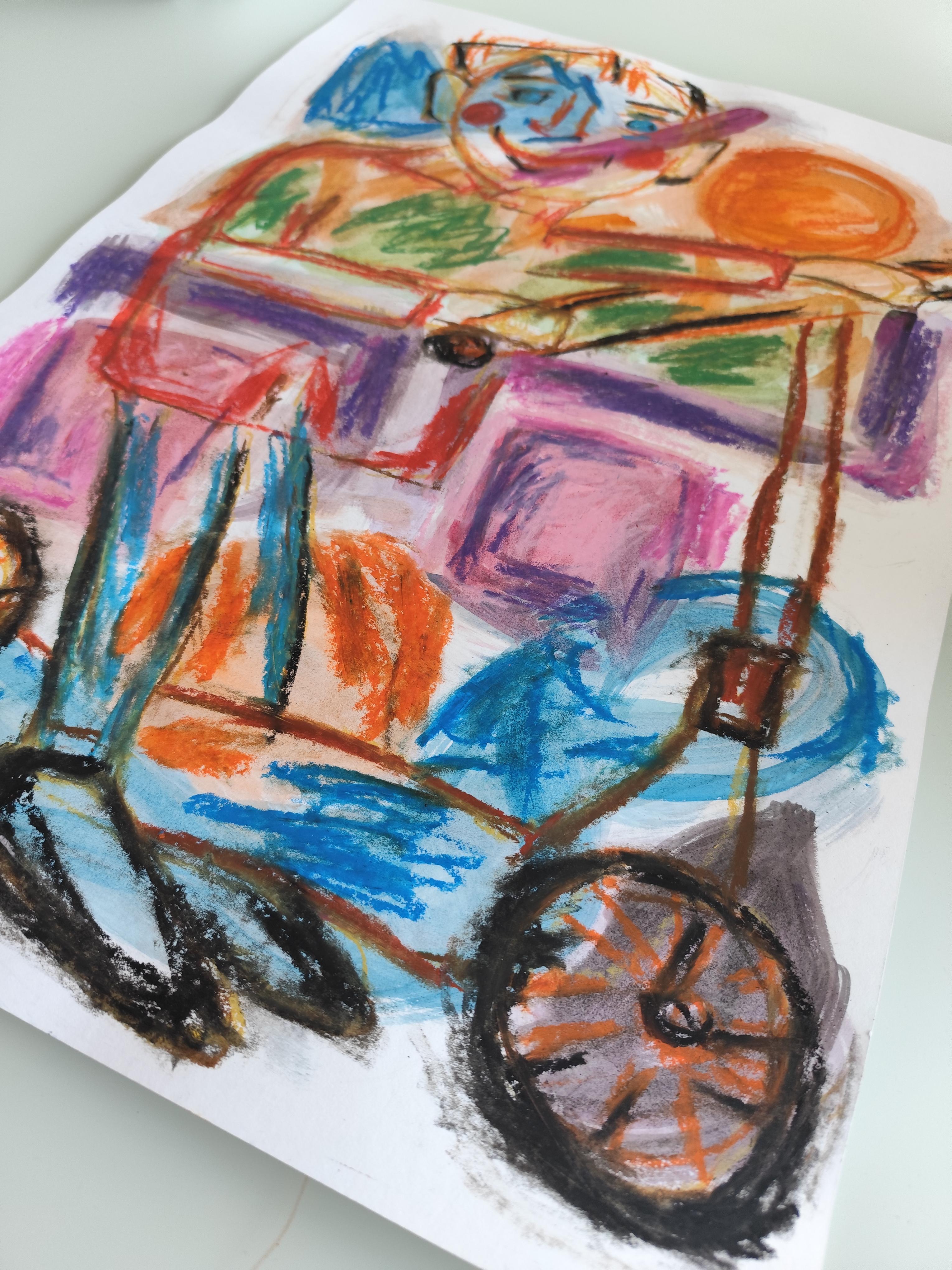 Espressiva pittura pop art naif a pastello su carta  