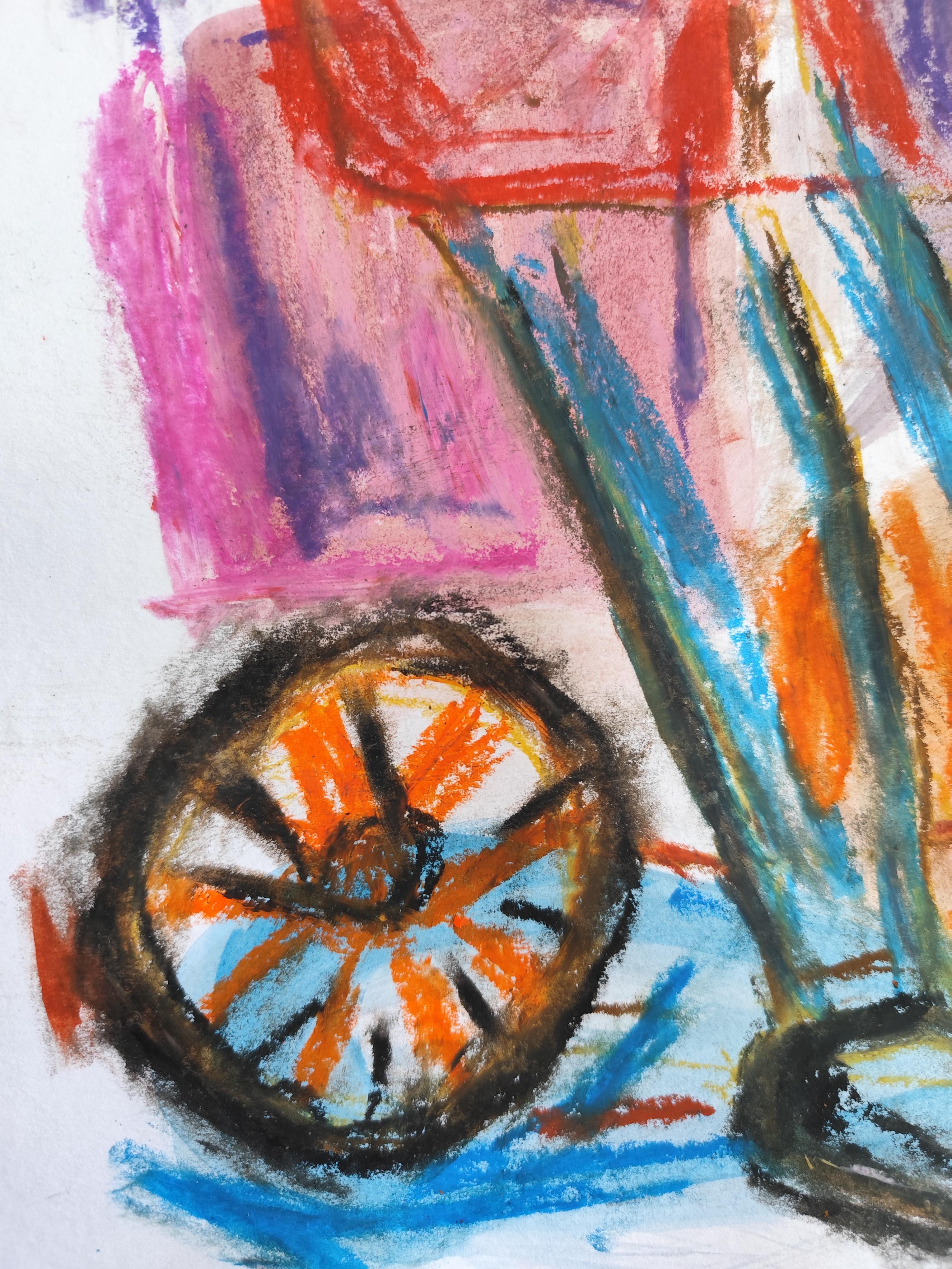 Espressiva pittura pop art naif a pastello su carta  