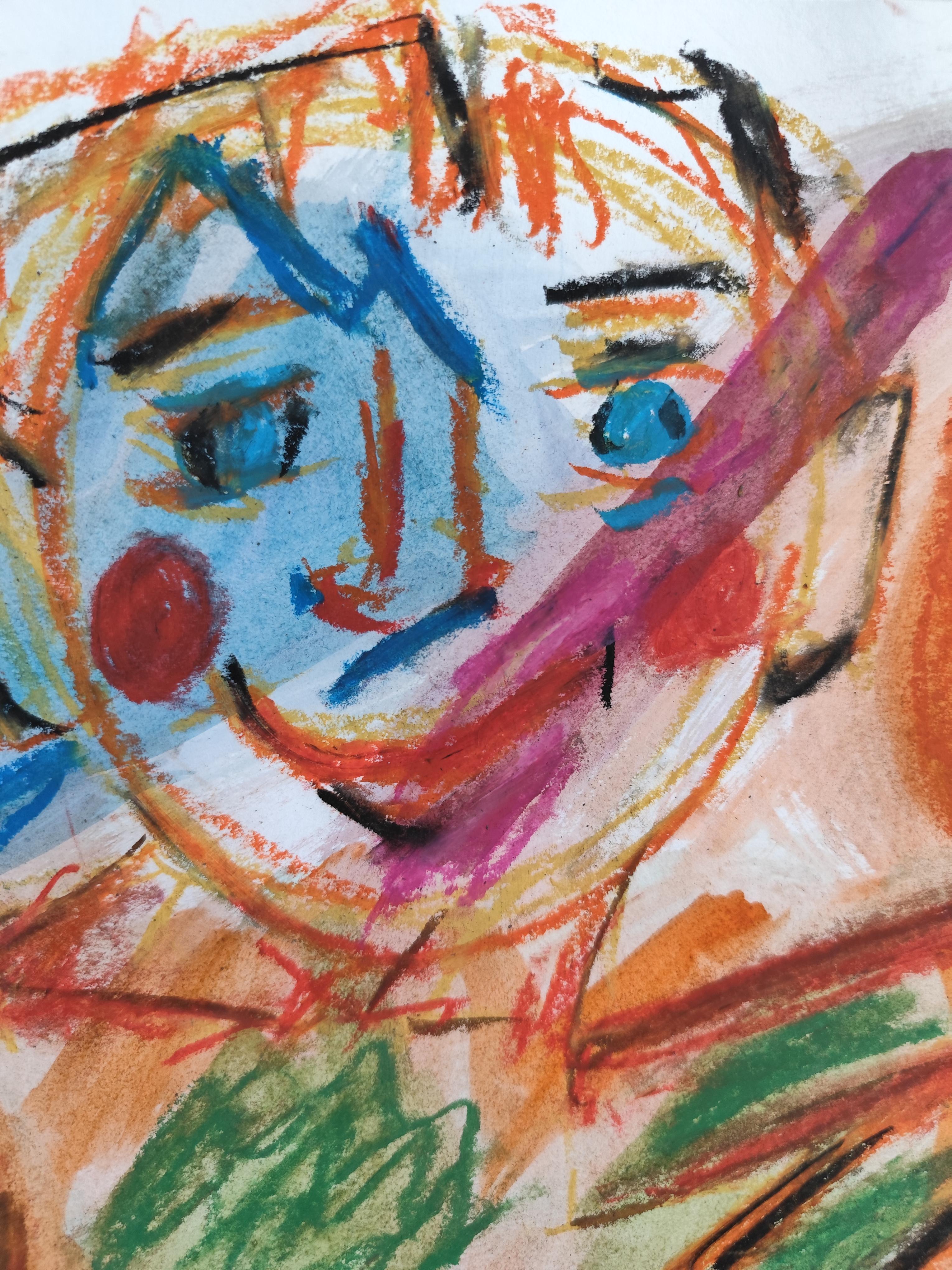 Espressiva pittura pop art naif a pastello su carta  