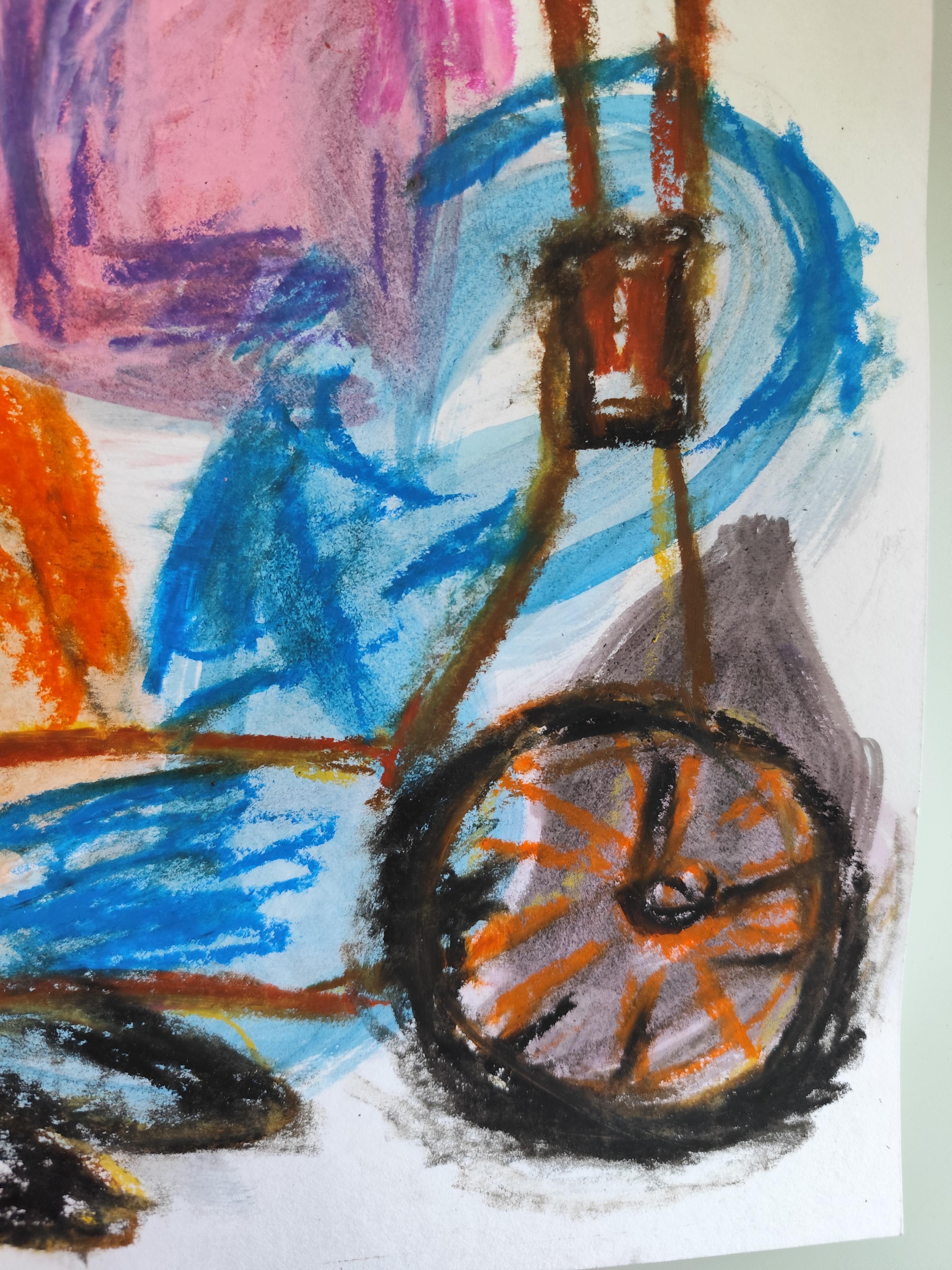 Espressiva pittura pop art naif a pastello su carta  