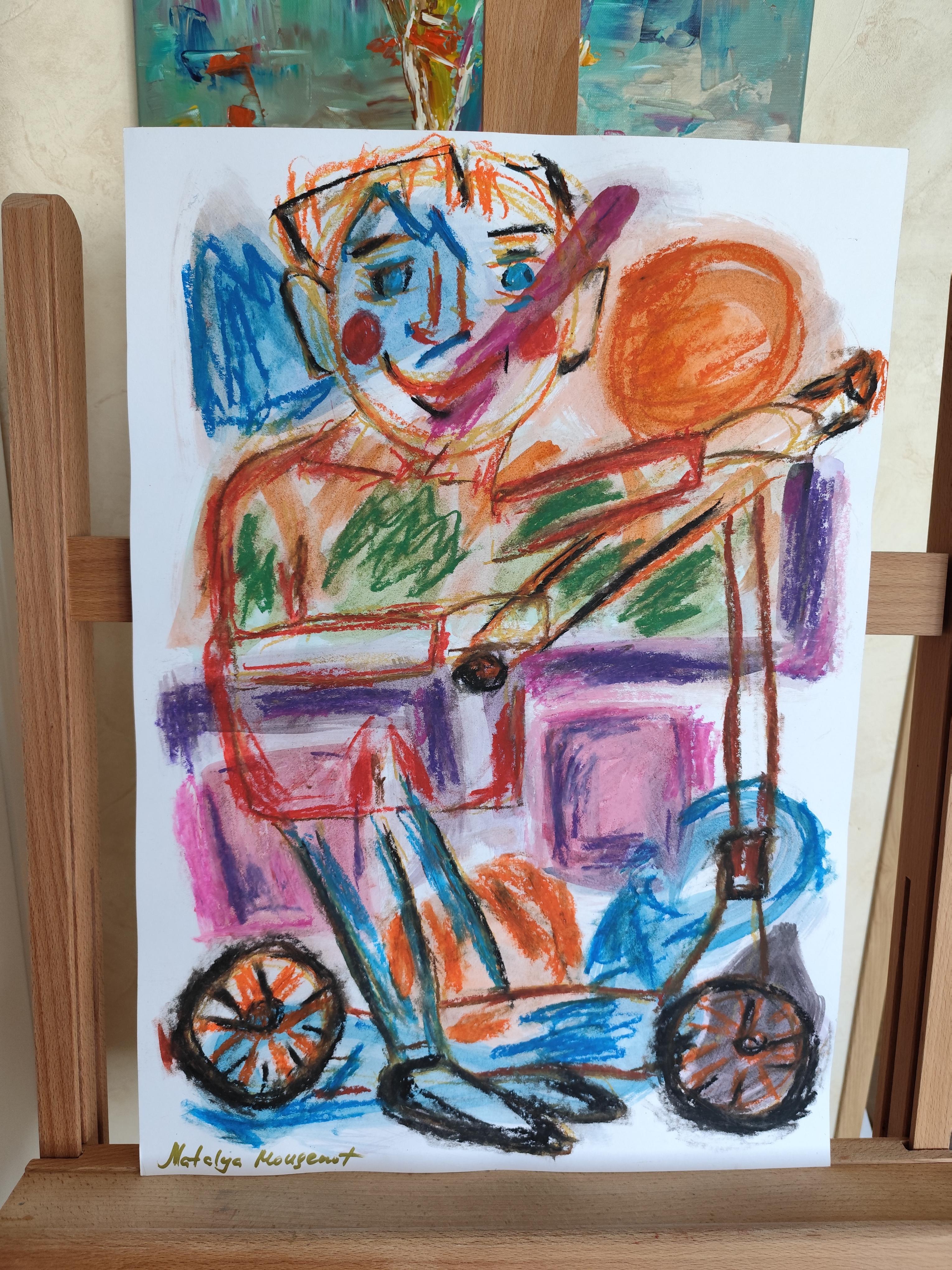 Espressiva pittura pop art naif a pastello su carta  