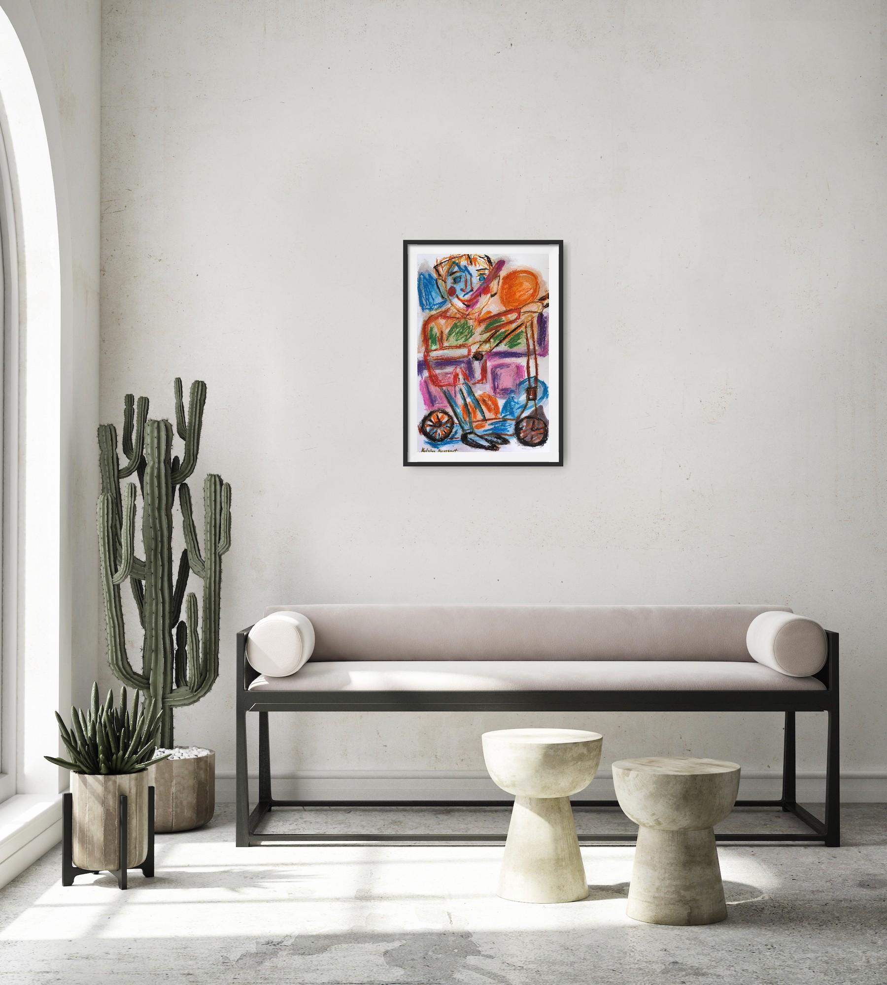 Espressiva pittura pop art naif a pastello su carta  