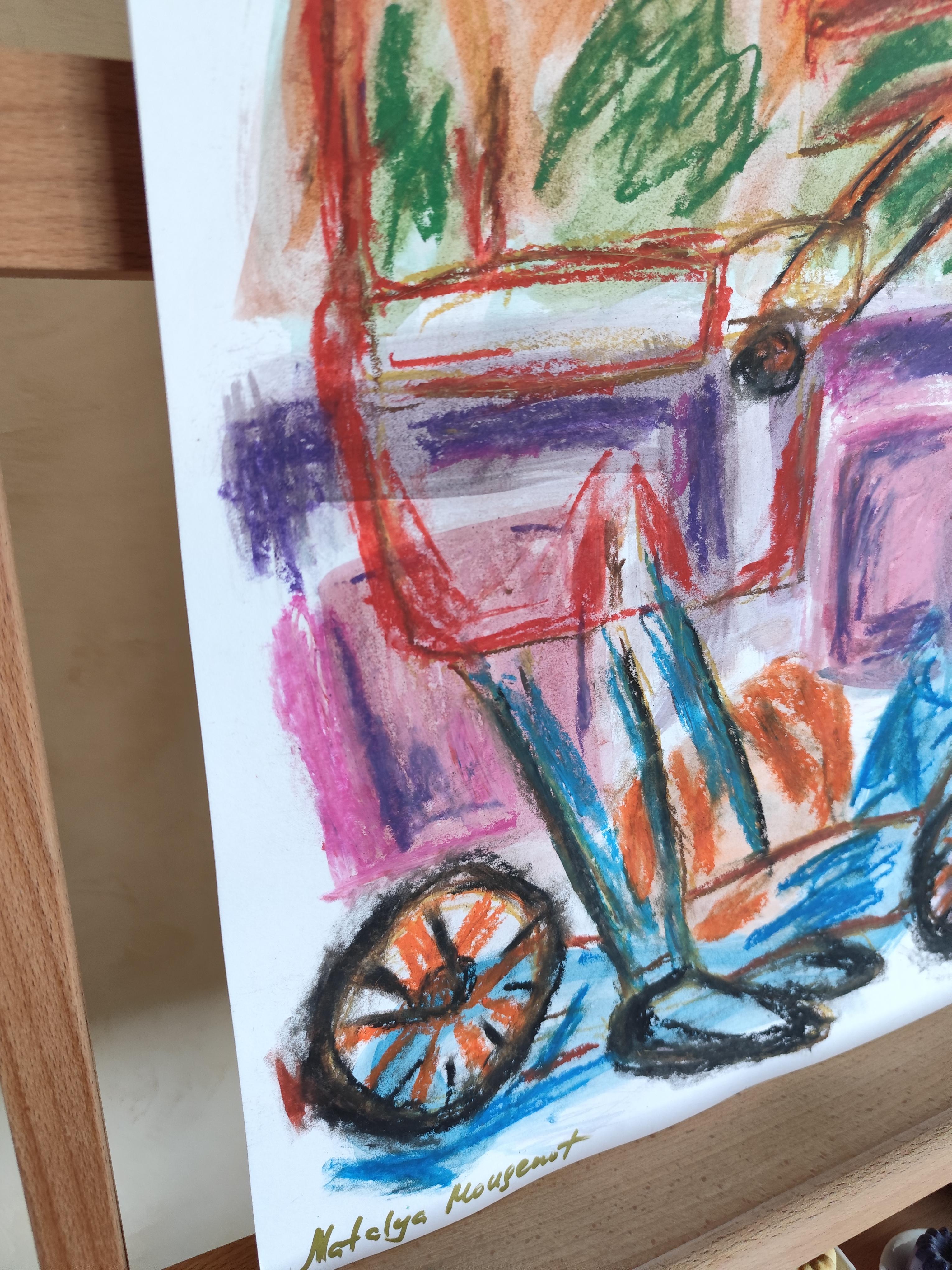 Espressiva pittura pop art naif a pastello su carta  
