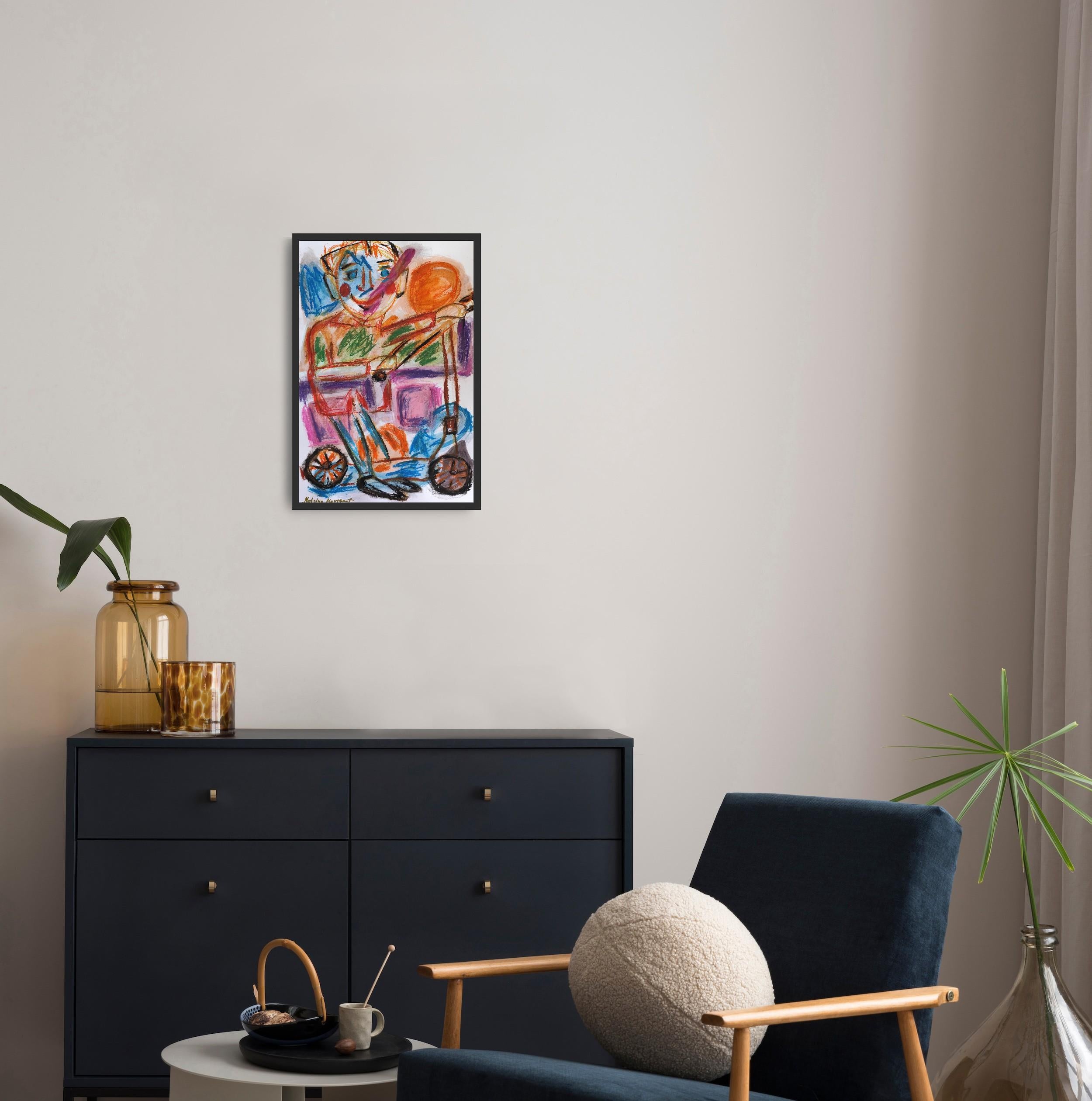 Espressiva pittura pop art naif a pastello su carta  