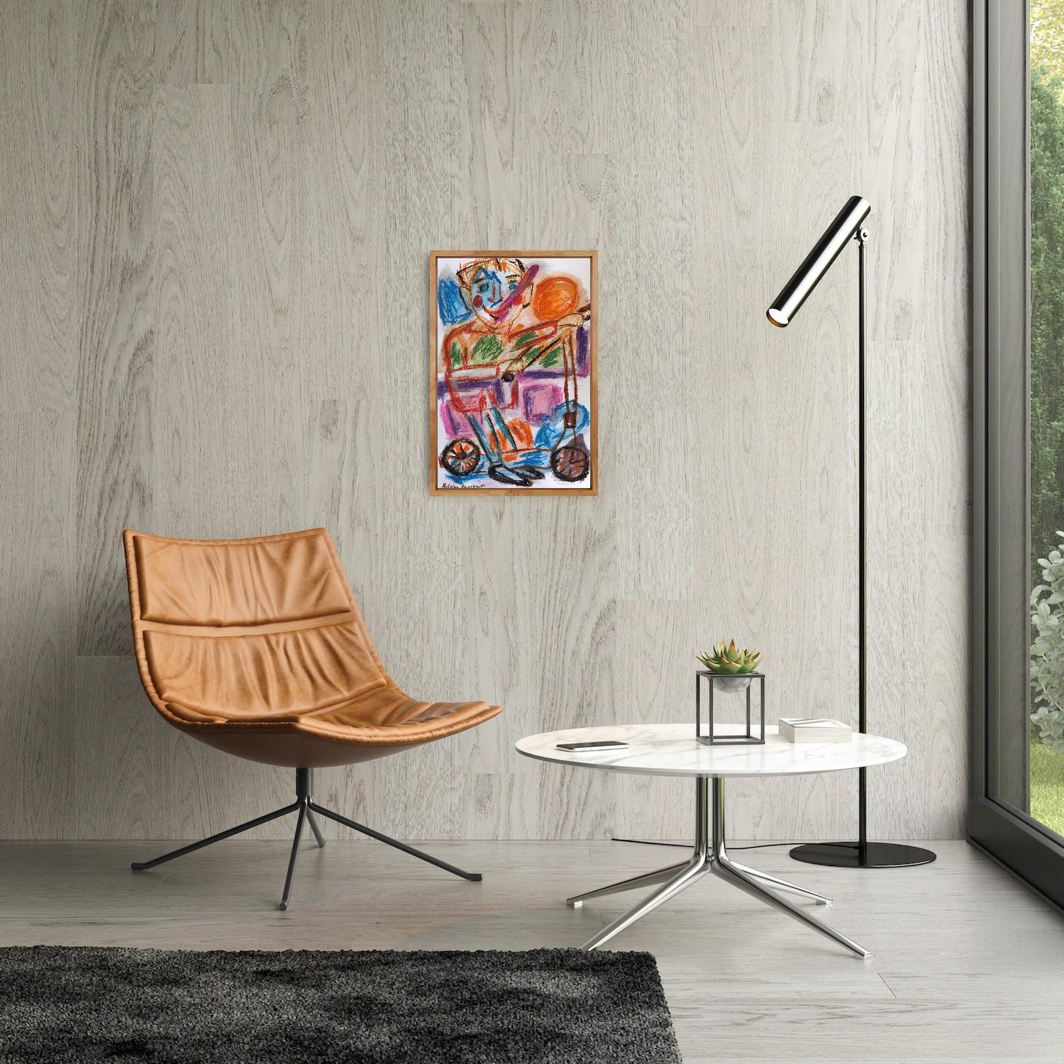 Espressiva pittura pop art naif a pastello su carta  