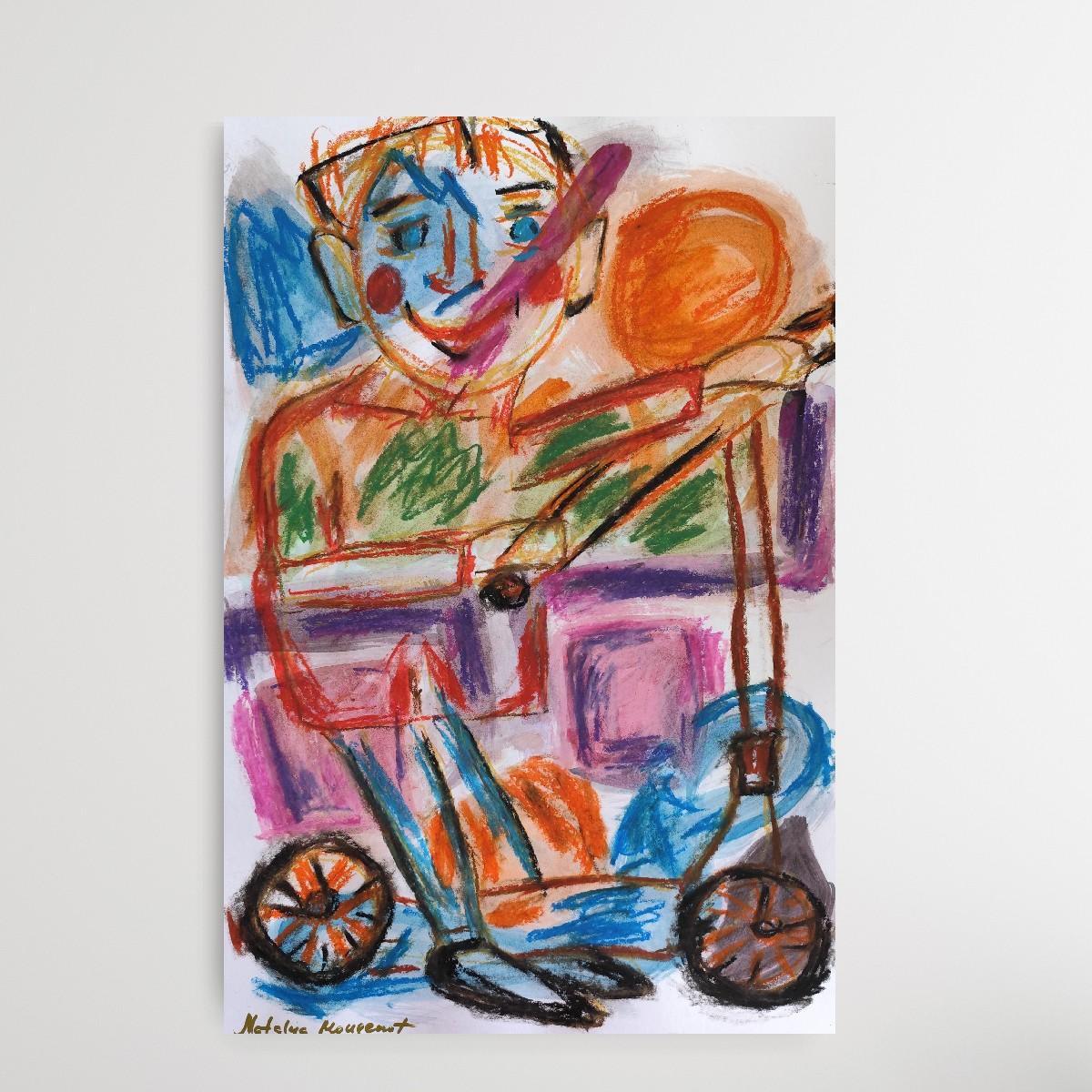 Espressiva pittura pop art naif a pastello su carta  