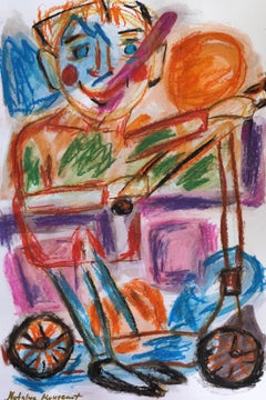 Expressive vivid pop art naive pastel painting on paper  "Boy on his scooter"