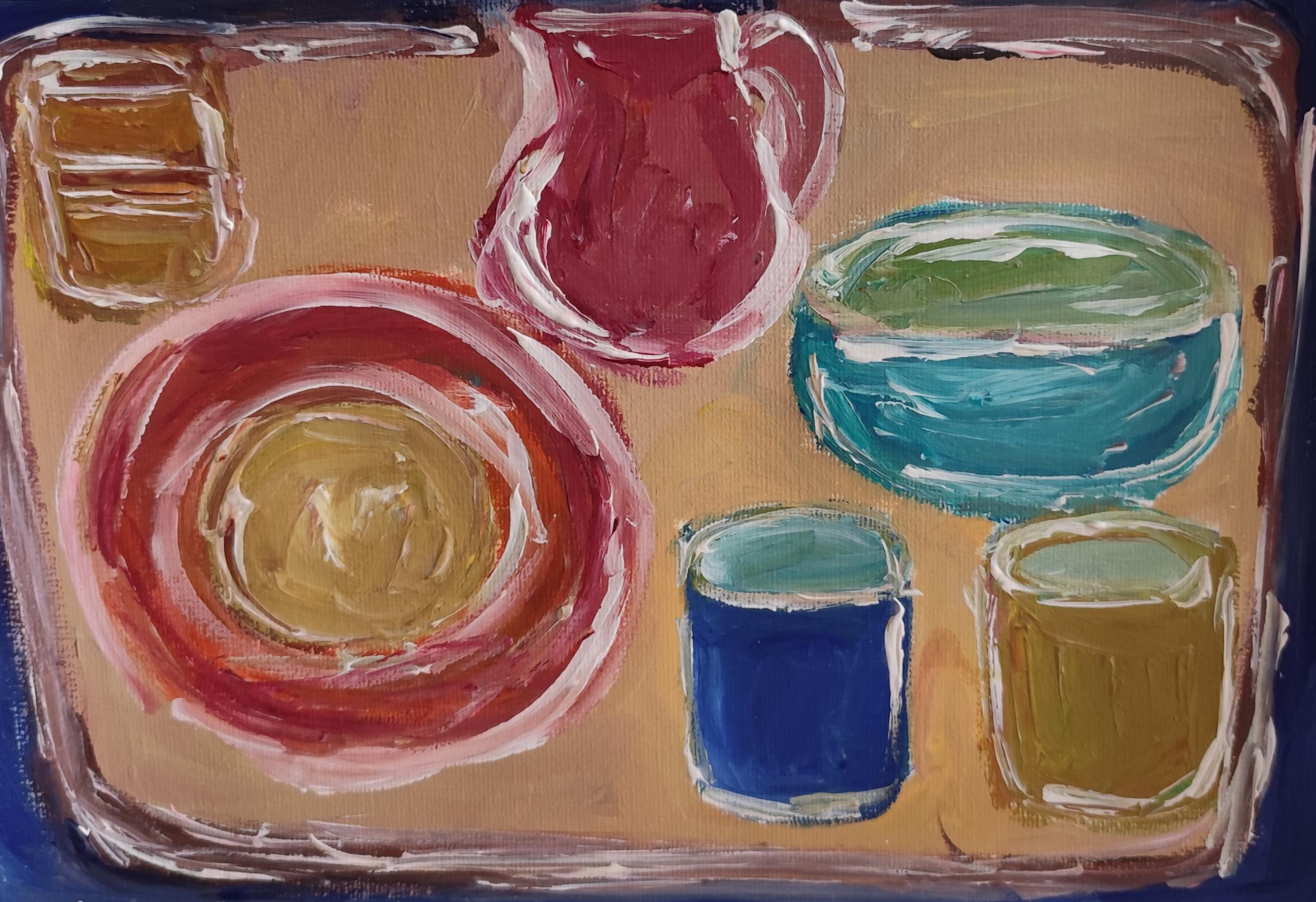 "Breakfast tray" ( contemporary figurative expressive still life art on paper)