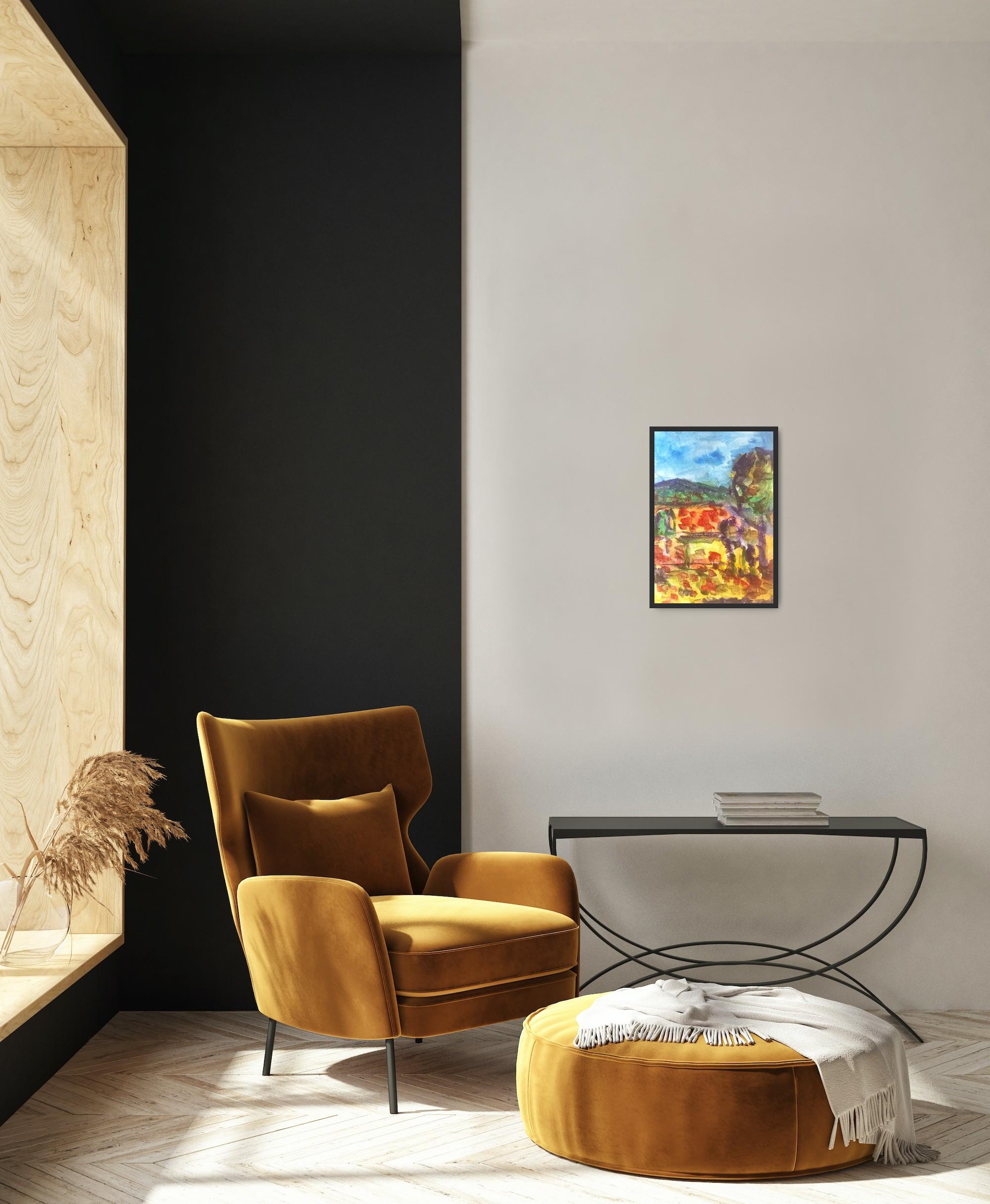 Paysage impressionniste contemporain, nature, peinture à l'eau sur papier - Painting de Natalya Mougenot 