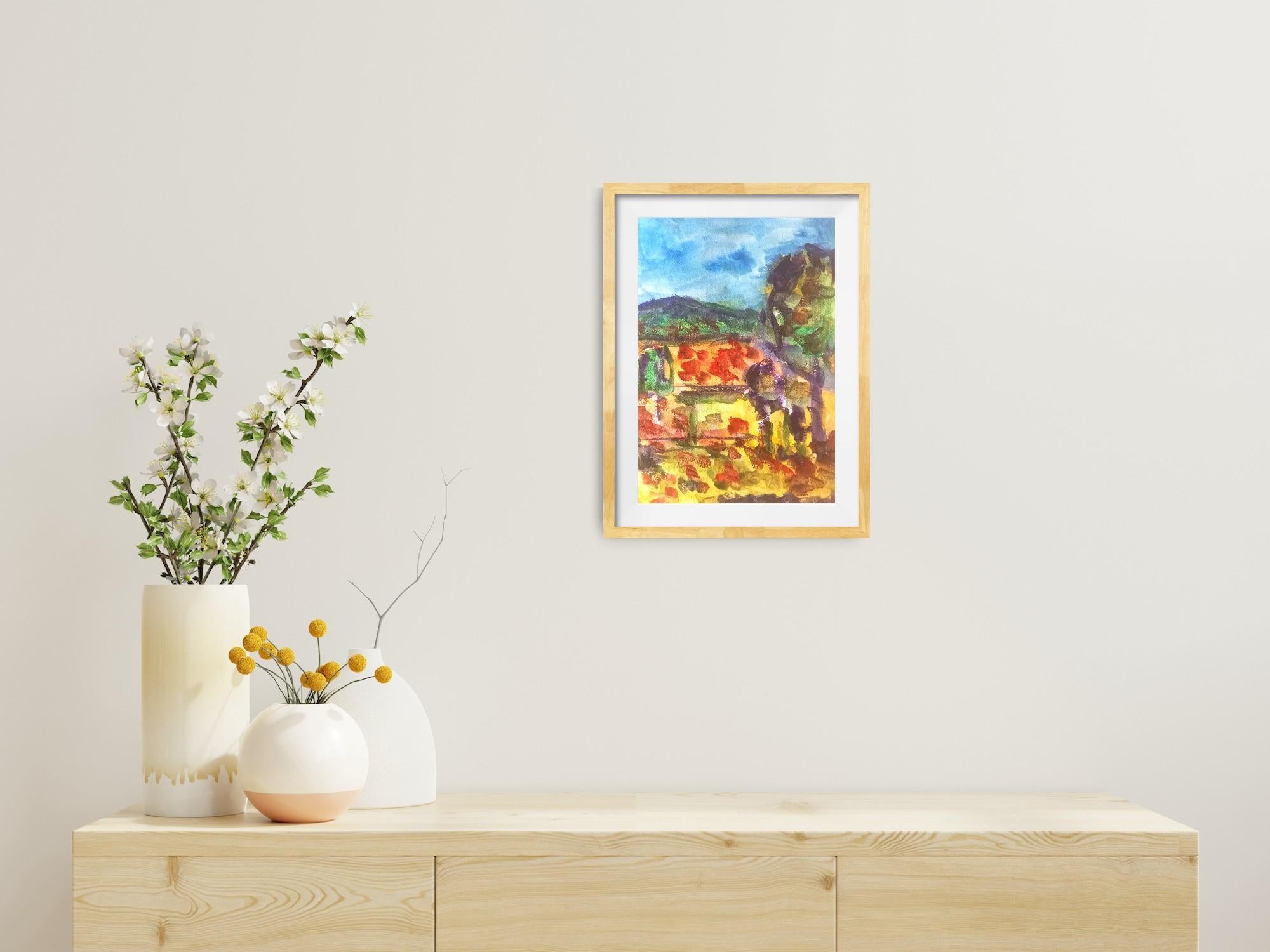 Paysage impressionniste contemporain, nature, peinture à l'eau sur papier - Impressionnisme abstrait Painting par Natalya Mougenot 