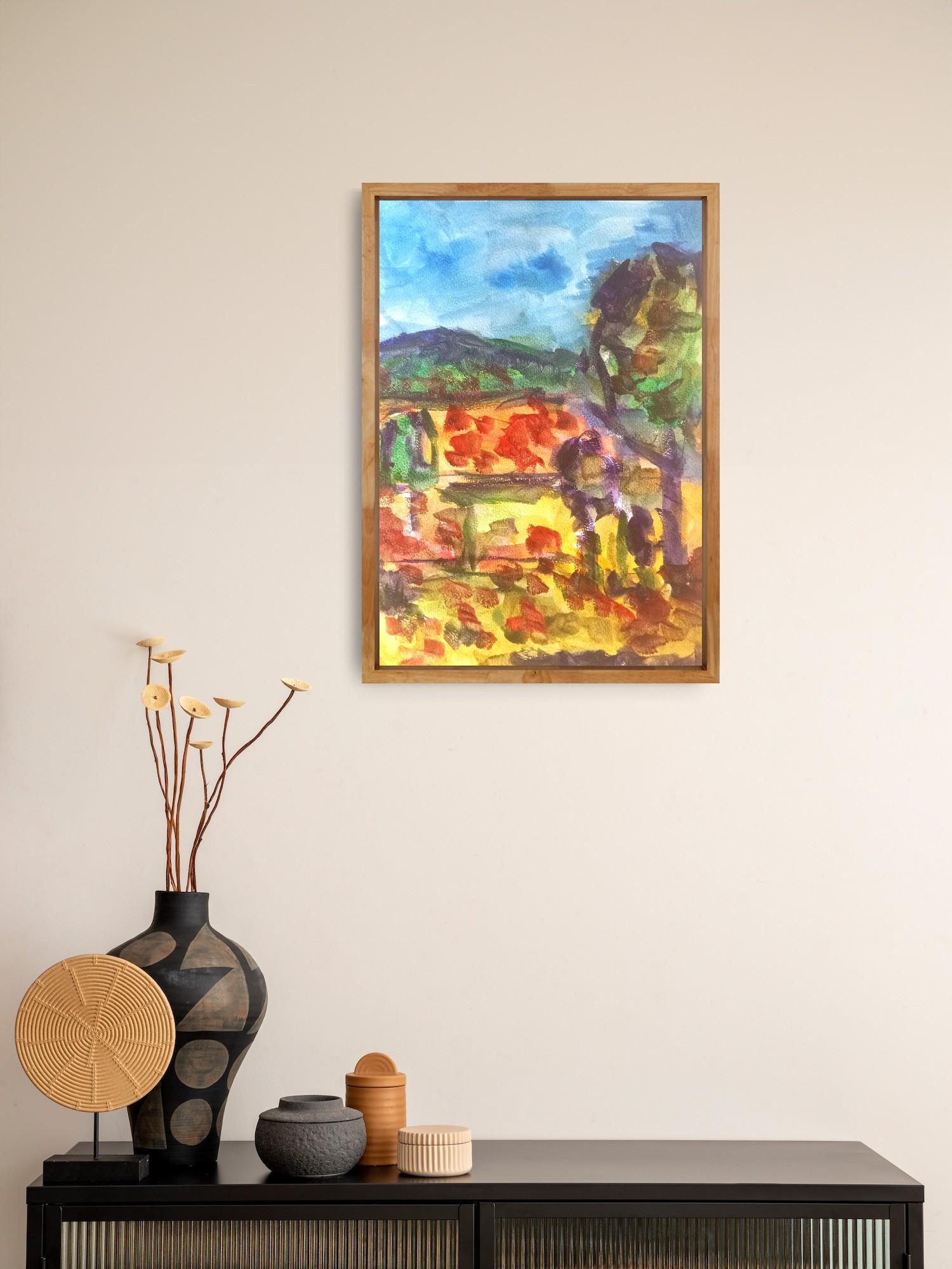 Paysage impressionniste contemporain, nature, peinture à l'eau sur papier en vente 1