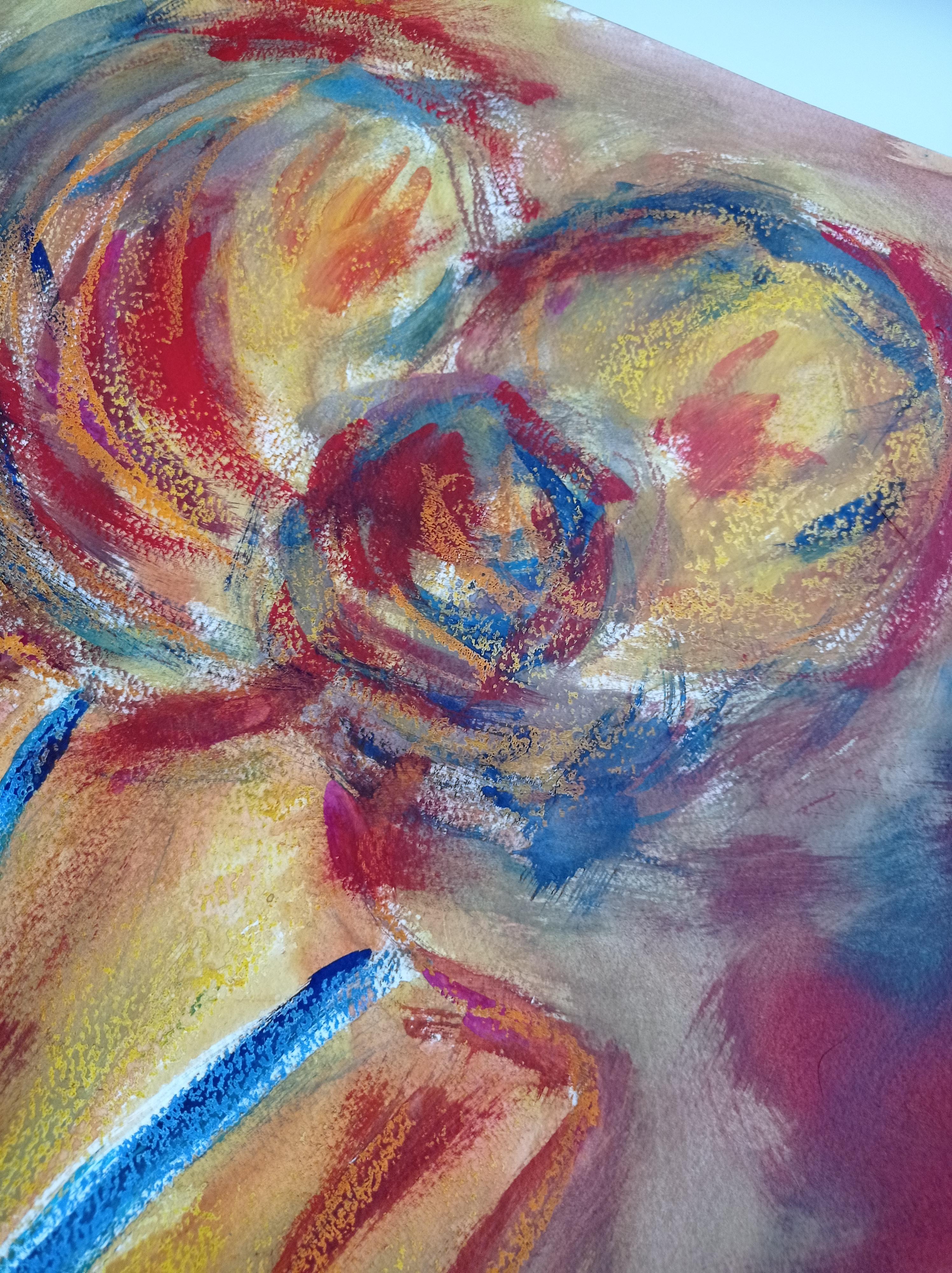 Contemporary colorful figurative art oil pastels painting of women on paper - Orange Figurative Painting by Natalya Mougenot 