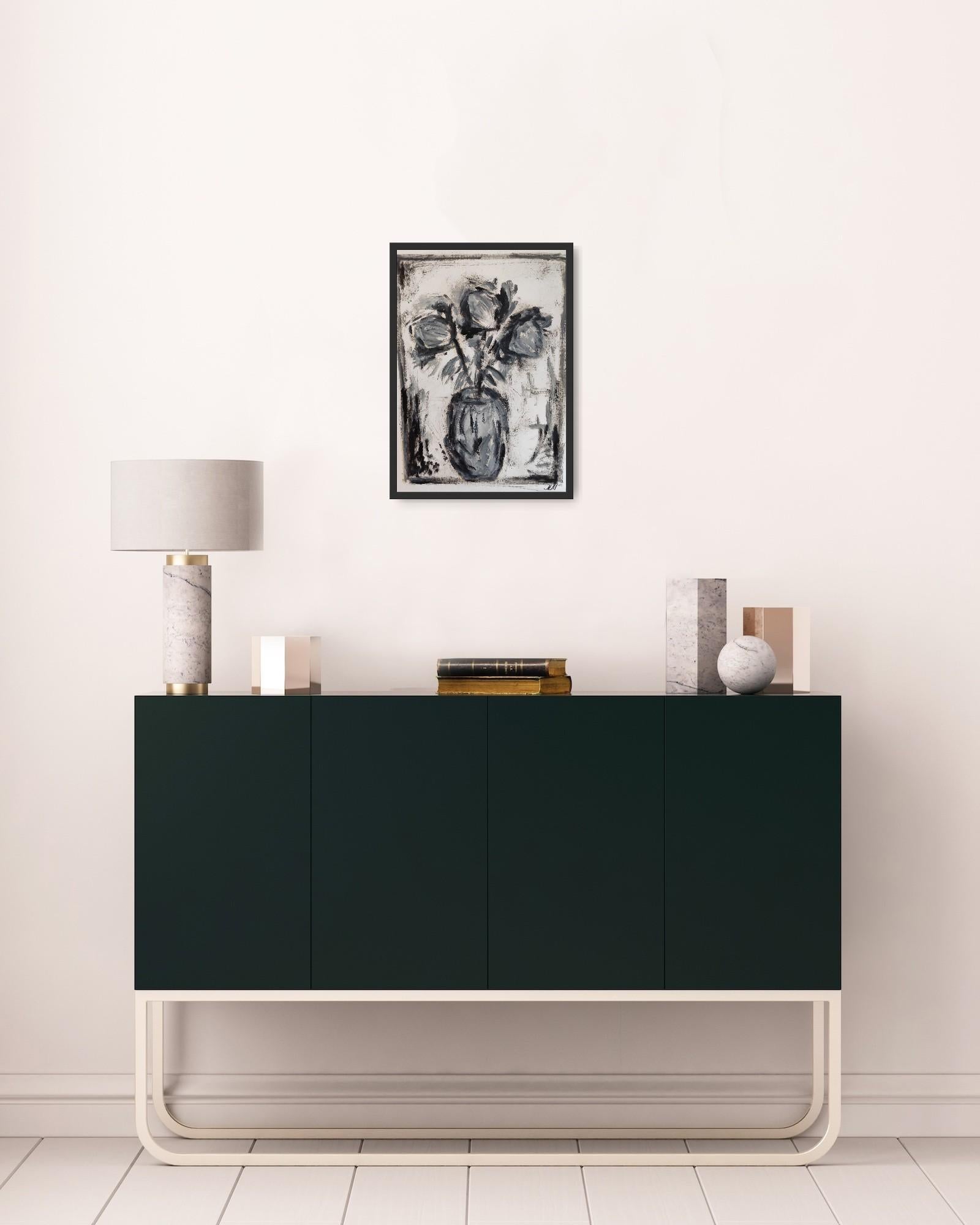 Rosa impressionista contemporanea in bianco e nero, olio su carta 