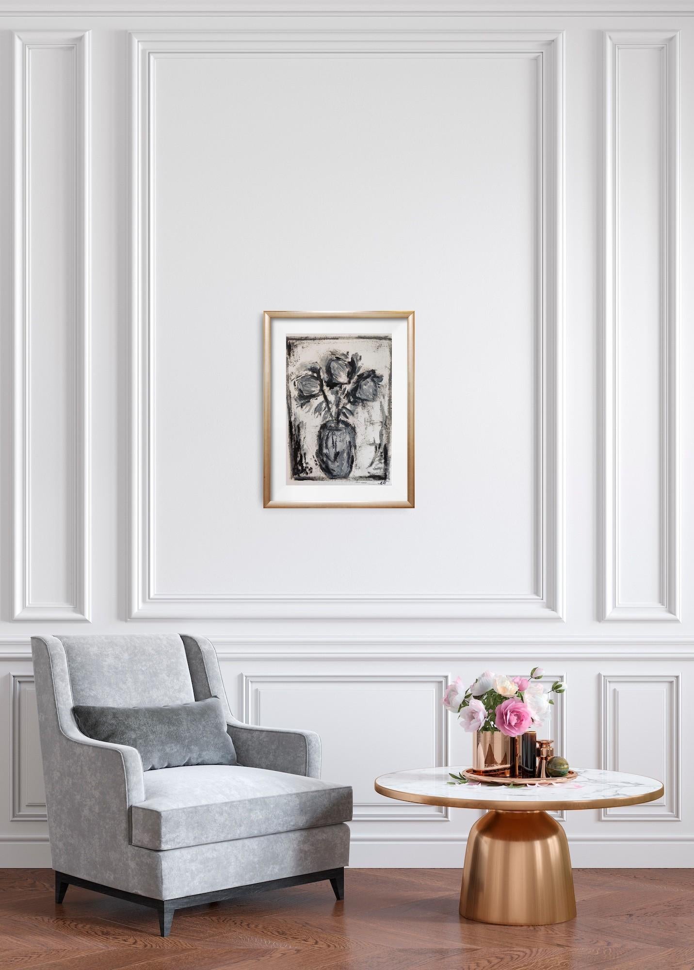 Rosa impressionista contemporanea in bianco e nero, olio su carta 