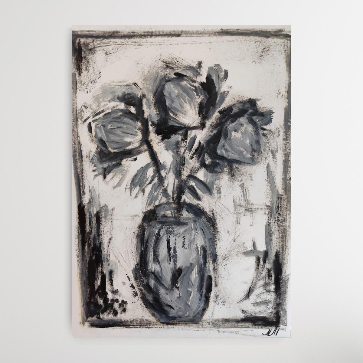 Rosa impressionista contemporanea in bianco e nero, olio su carta 