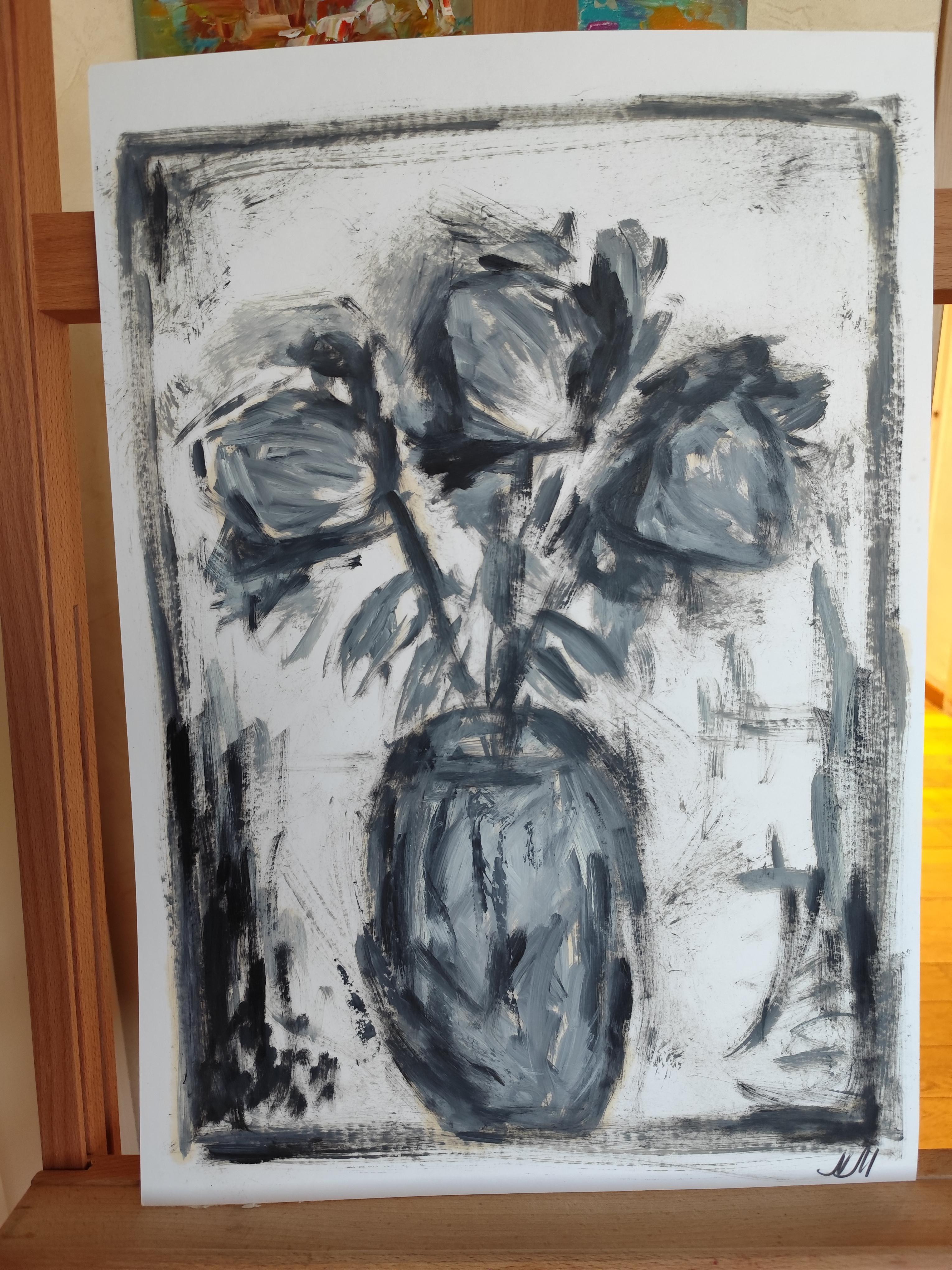 Rosa impressionista contemporanea in bianco e nero, olio su carta 