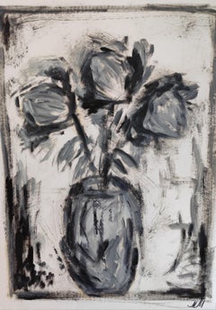 Rosa impressionista contemporanea in bianco e nero, olio su carta "Bouquet di fiori".