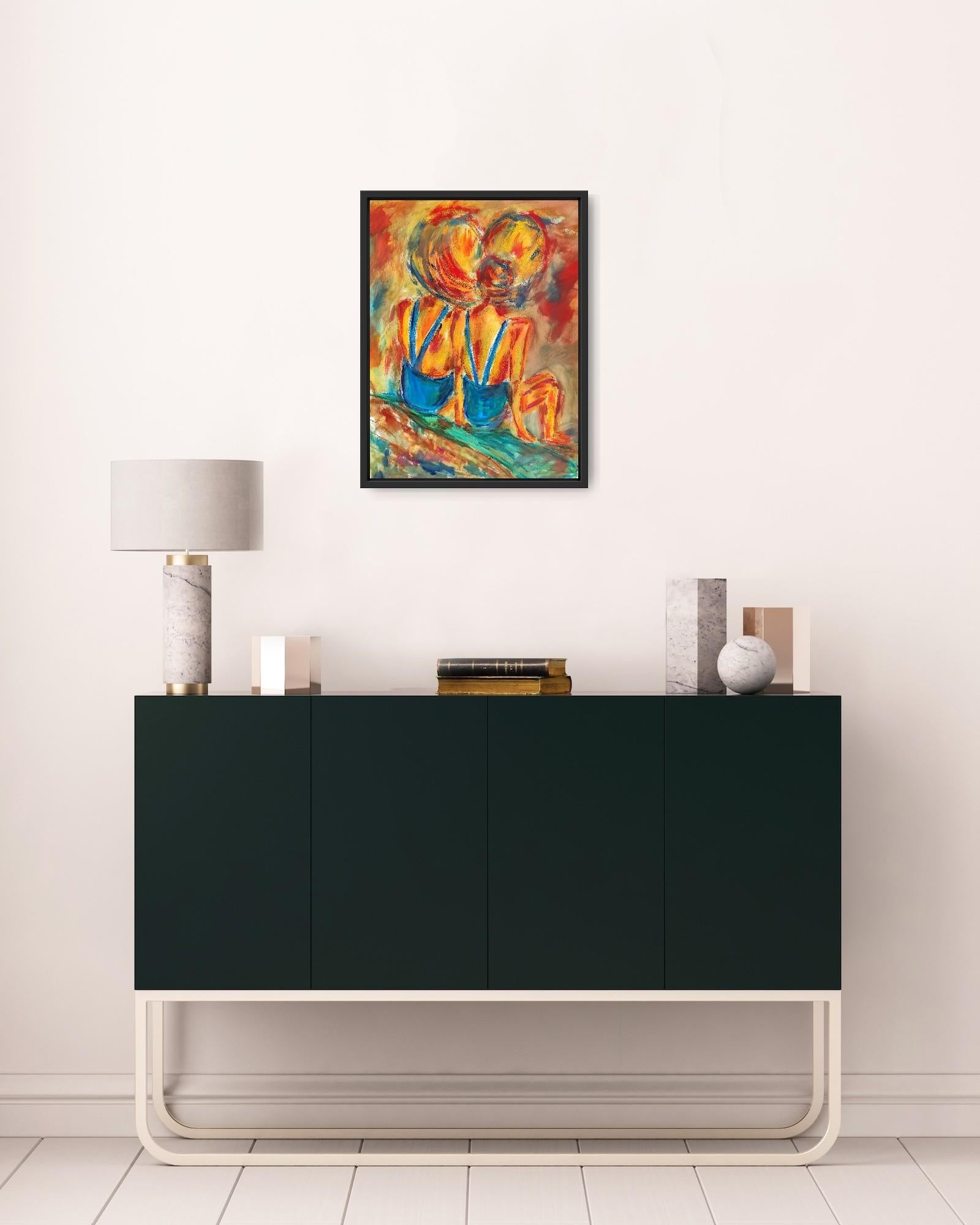 Contemporary colorful figurative art oil pastels painting of women on paper For Sale 8