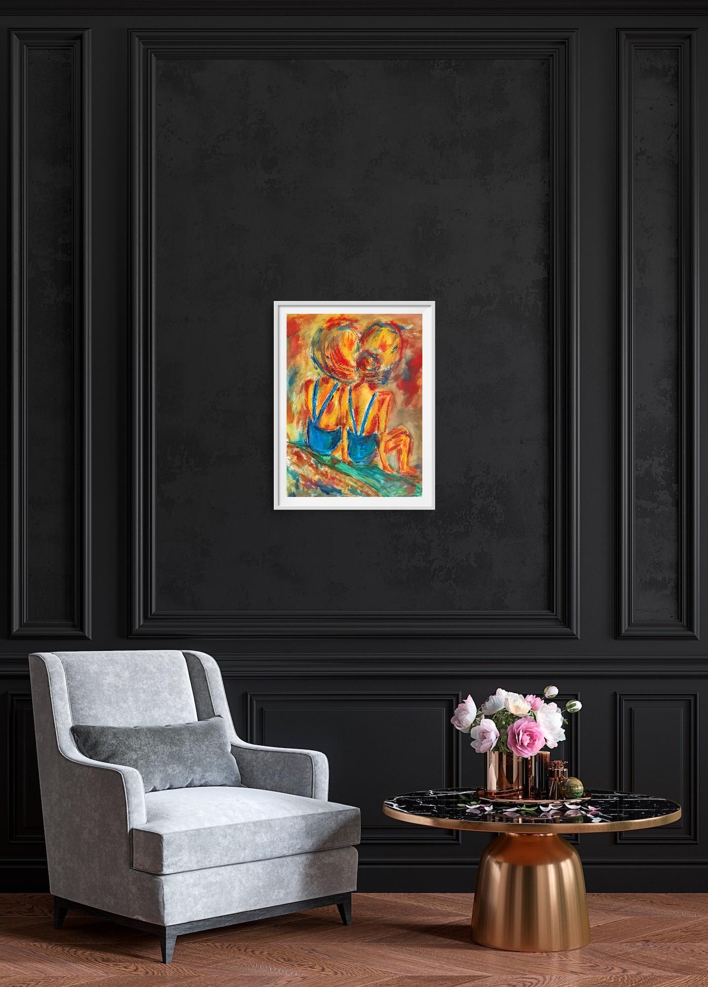 Contemporary colorful figurative art oil pastels painting of women on paper For Sale 9