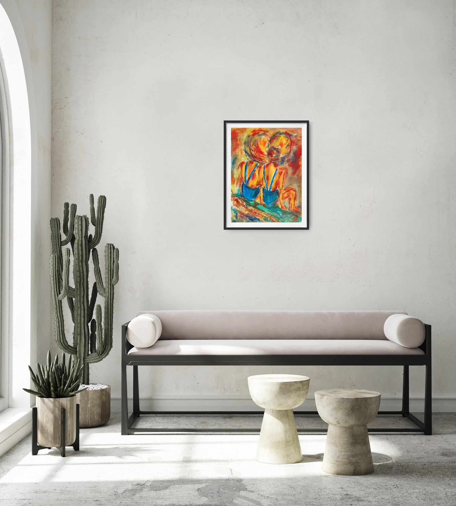 Contemporary colorful figurative art oil pastels painting of women on paper For Sale 11