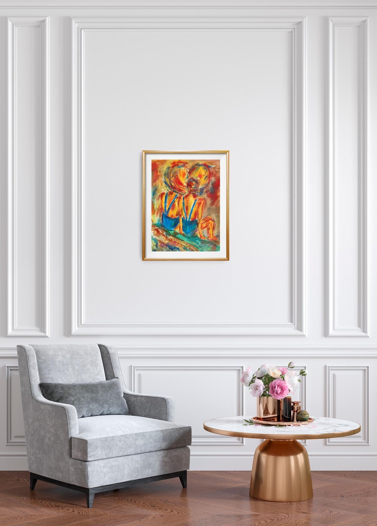 Contemporary colorful figurative art oil pastels painting of women on paper For Sale 12