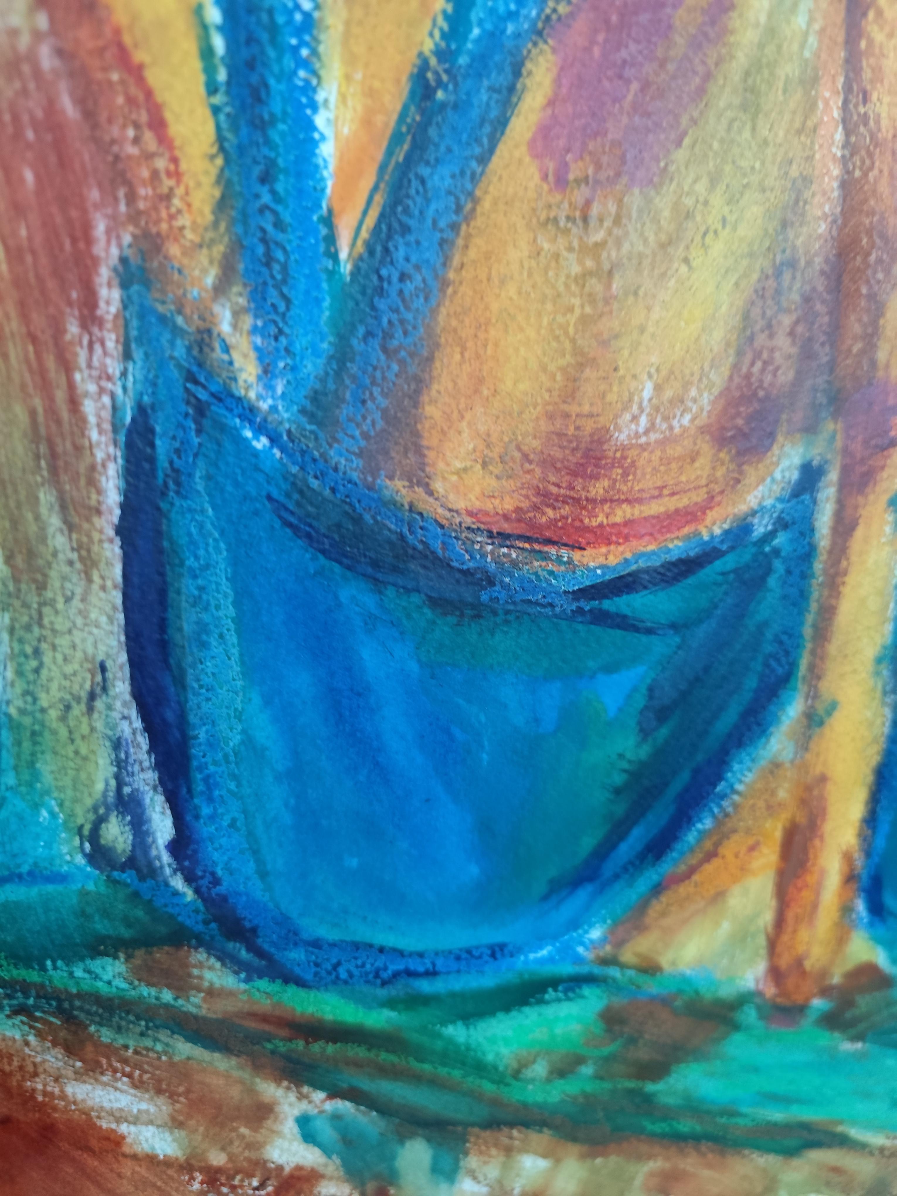 Contemporary colorful figurative art oil pastels painting of women on paper For Sale 13